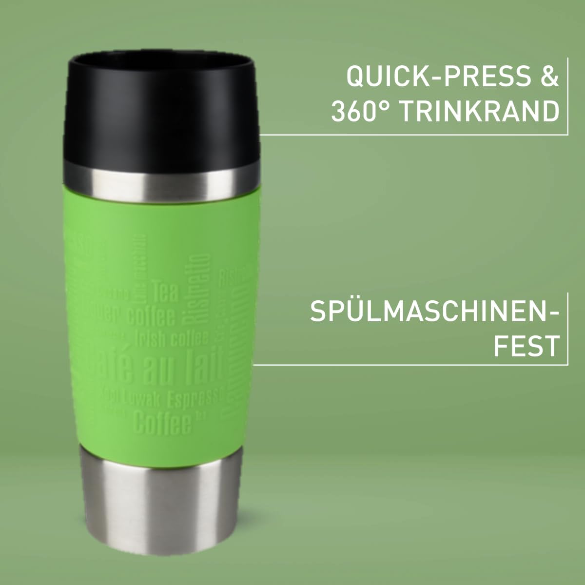 Detalle de Emsa Travel Mug 360 ml Classic – Thermobecher mit Quick-Press-Verschluss, 360°-Trinköffnung, grün