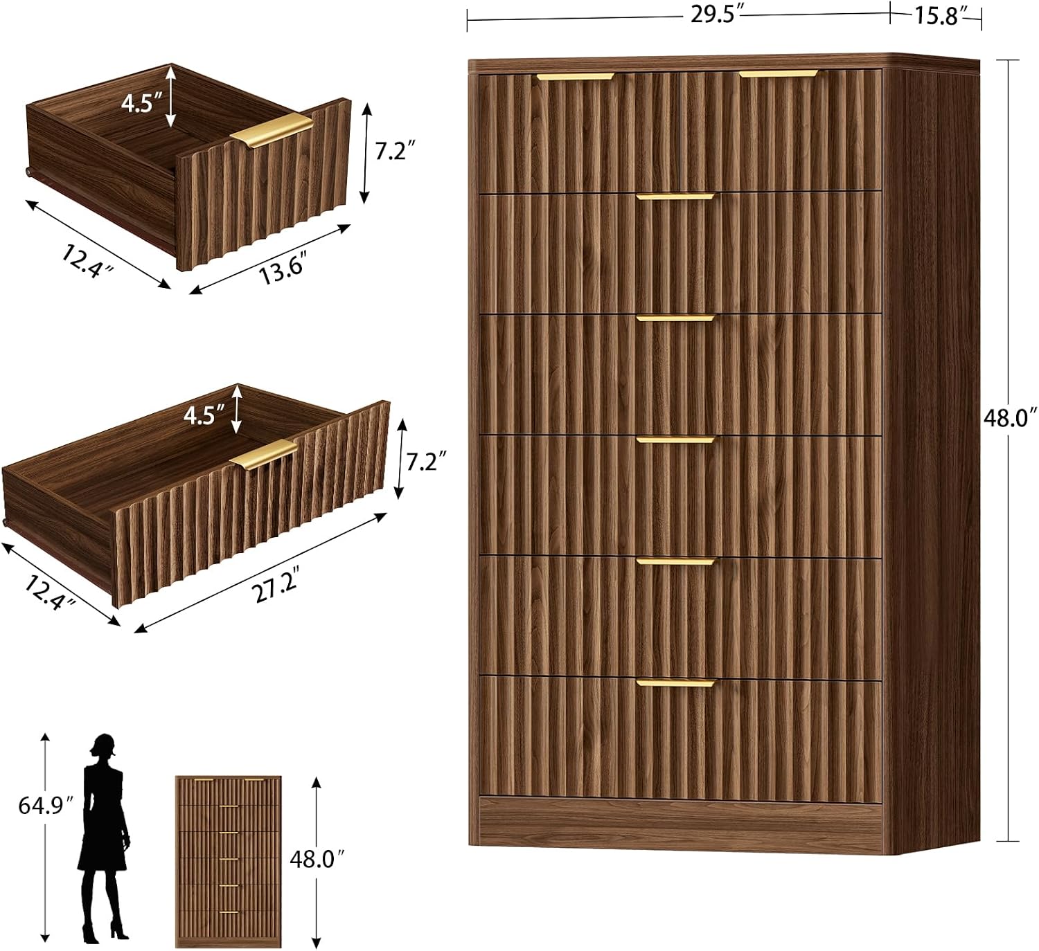 Detalle 2 de TEENFON dresser 7-Drawer Fluted Chest, Walnut, 48-Inch Tall