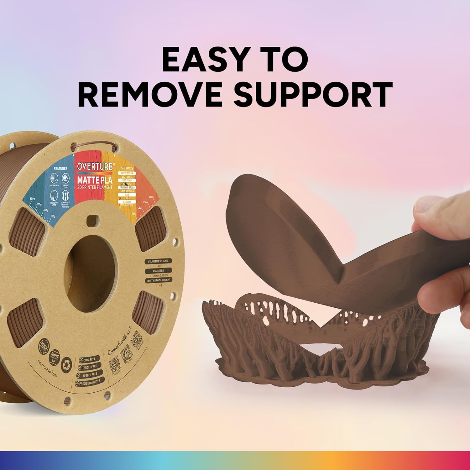 Detalle de Overture Matte PLA 1.75mm Filament – 1 kg Spool, Matte Chocolate, Low Warp & High Precision