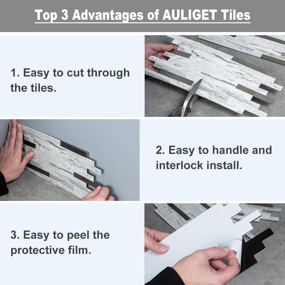 Thumbnail 3 de AULIGET 20 Sheets Faux Stone Peel and Stick Backsplash Tiles (White Marble Look) for Kitchen