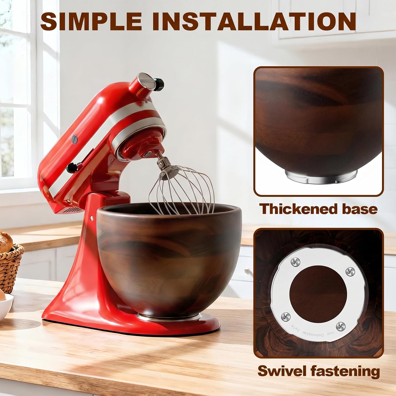 Detalle de Cofun Premium Wood Mixing Bowl for 4.5–5 Qt Tilt-Head Stand Mixers (Acacia Wood)