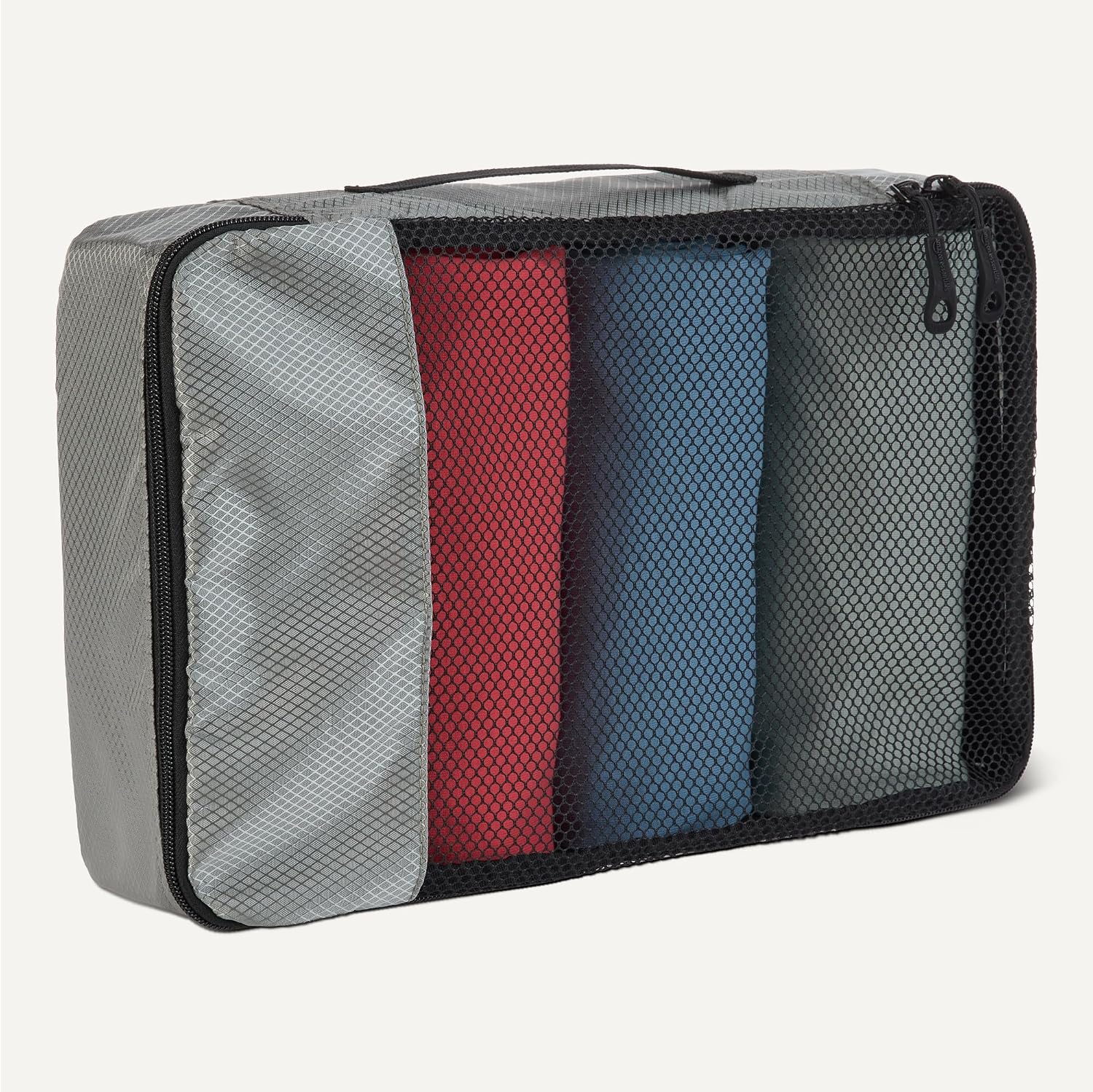 Detalle de Amazon Essentials juego de 4 cubos para viaje (2 medianos y 2 grandes) con doble cremallera y malla