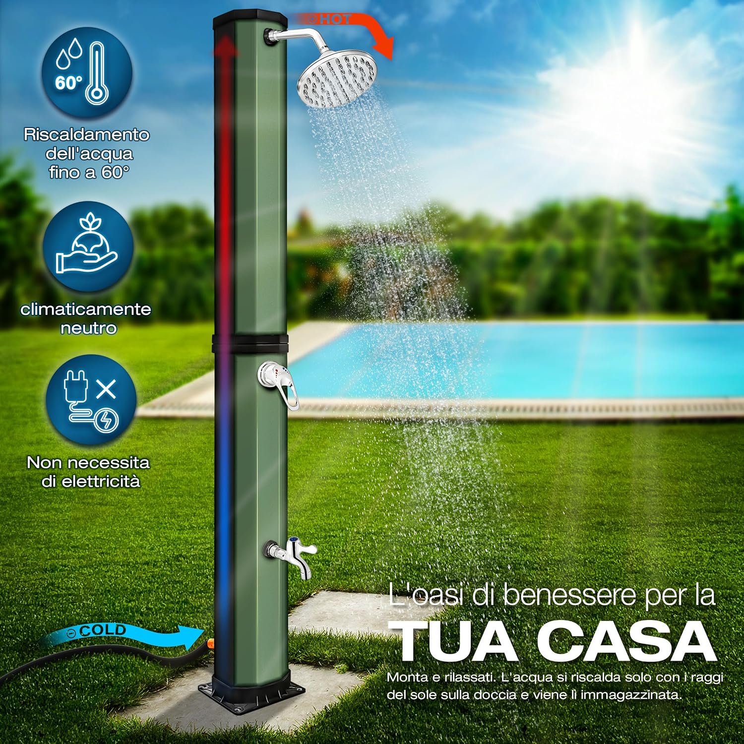 Thumbnail 2 de Tillvex Doccia Solare con Coperchio di Protezione, 35 L, Nero/Oro – Doccia da giardino a energia solare