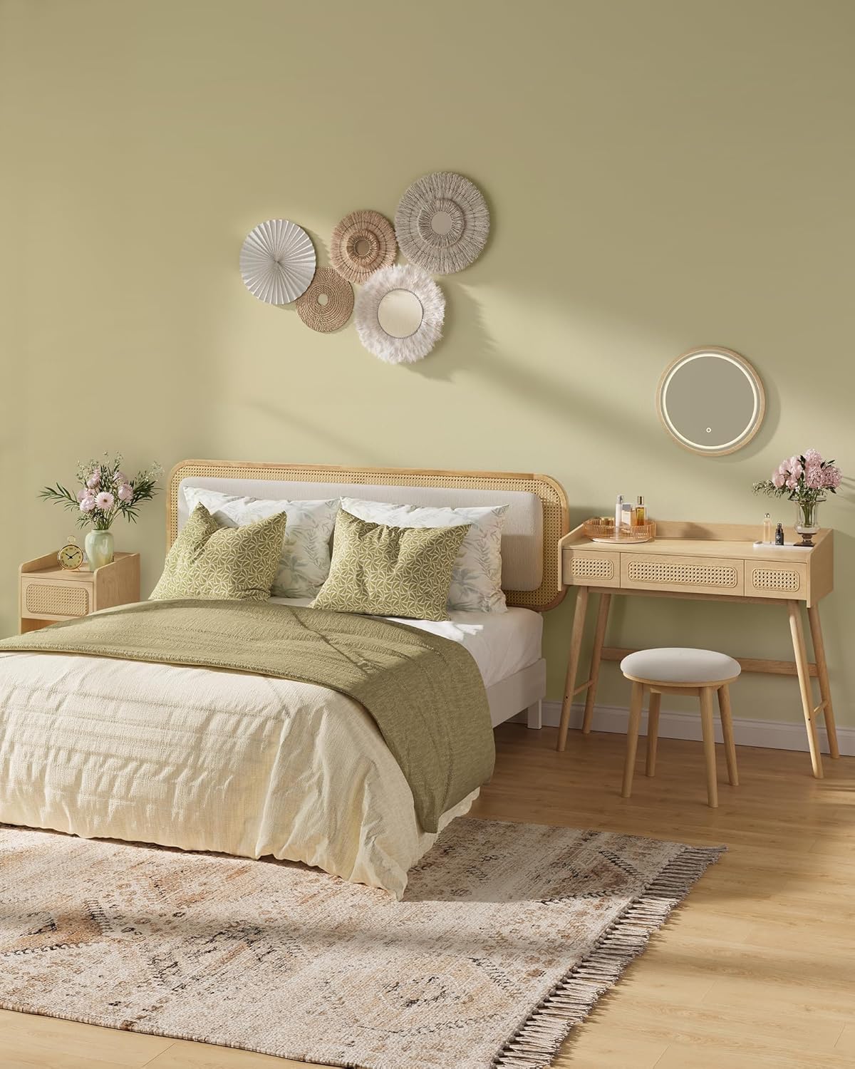 Thumbnail 1 de SONGMICS HOME BOHOVEN Collezione - Sgabello da toeletta rotondo, gambe in legno, poggiapiedi e rivestimento bouclé, bianco crema/beige rovere