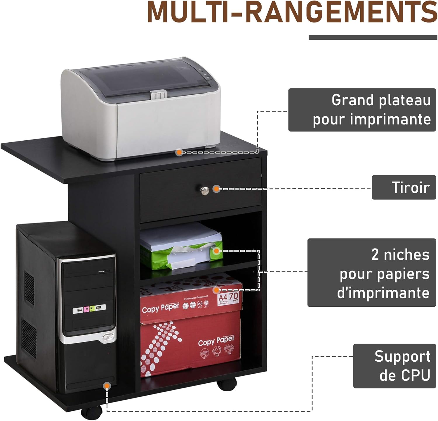 Thumbnail 3 de HOMCOM Vinsetto: Support d'imprimante et Organiseur de Bureau avec 2 Niches, Tiroir et Espace CPU