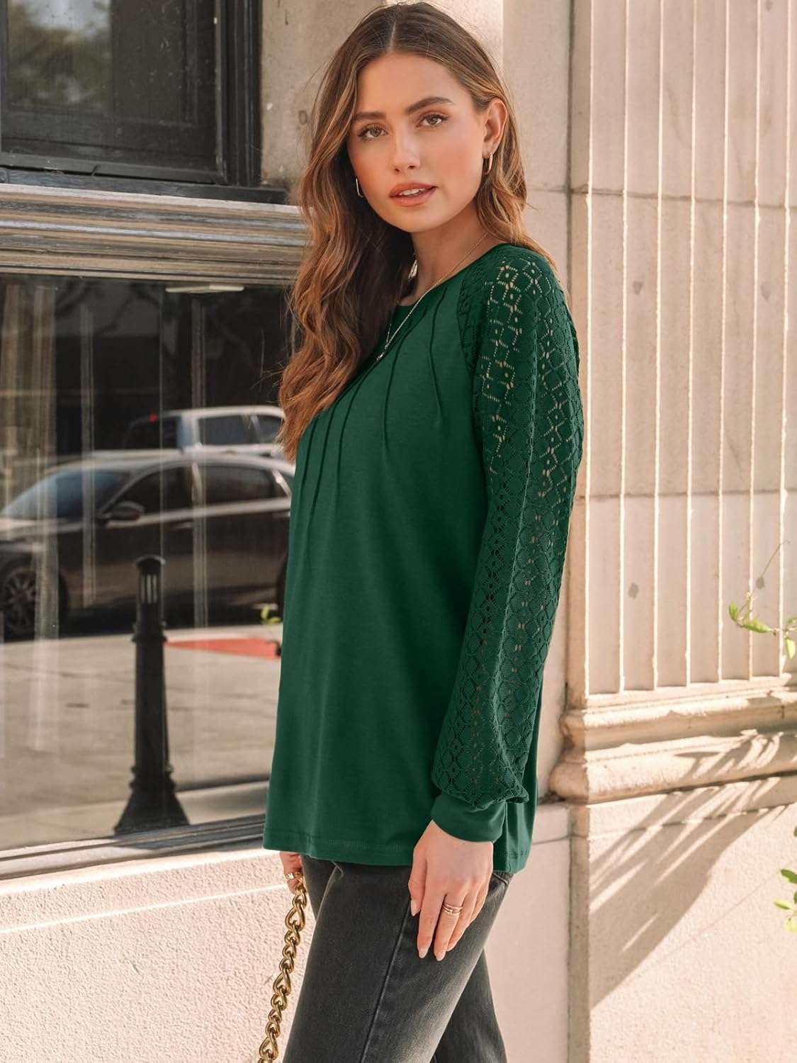 Detalle de Pawate Damen Langarmshirt mit Spitze – Businessbluse, Tunika-Look & Herbst-Outfits