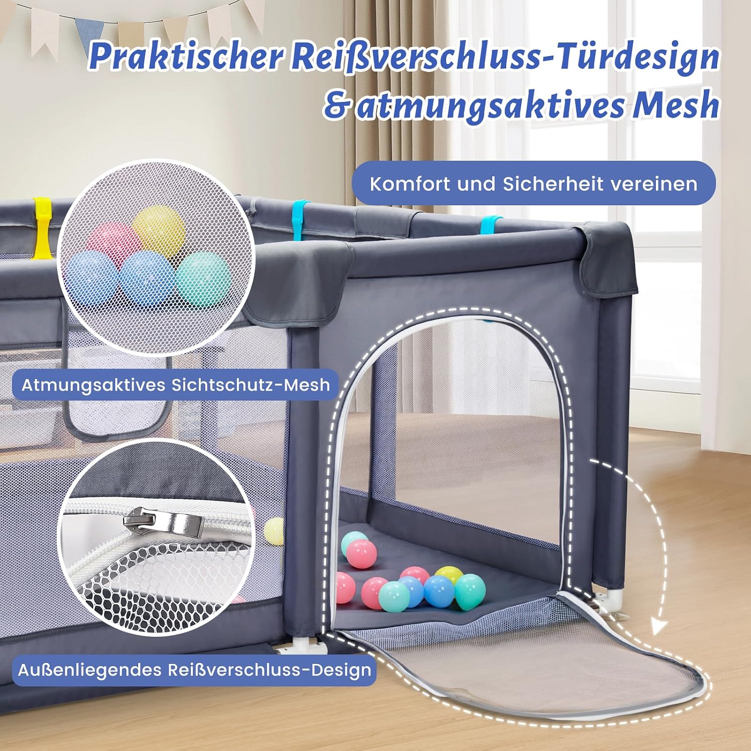 Thumbnail 1 de CHOLY Baby Laufstall 128 × 128 cm Dunkelgrau