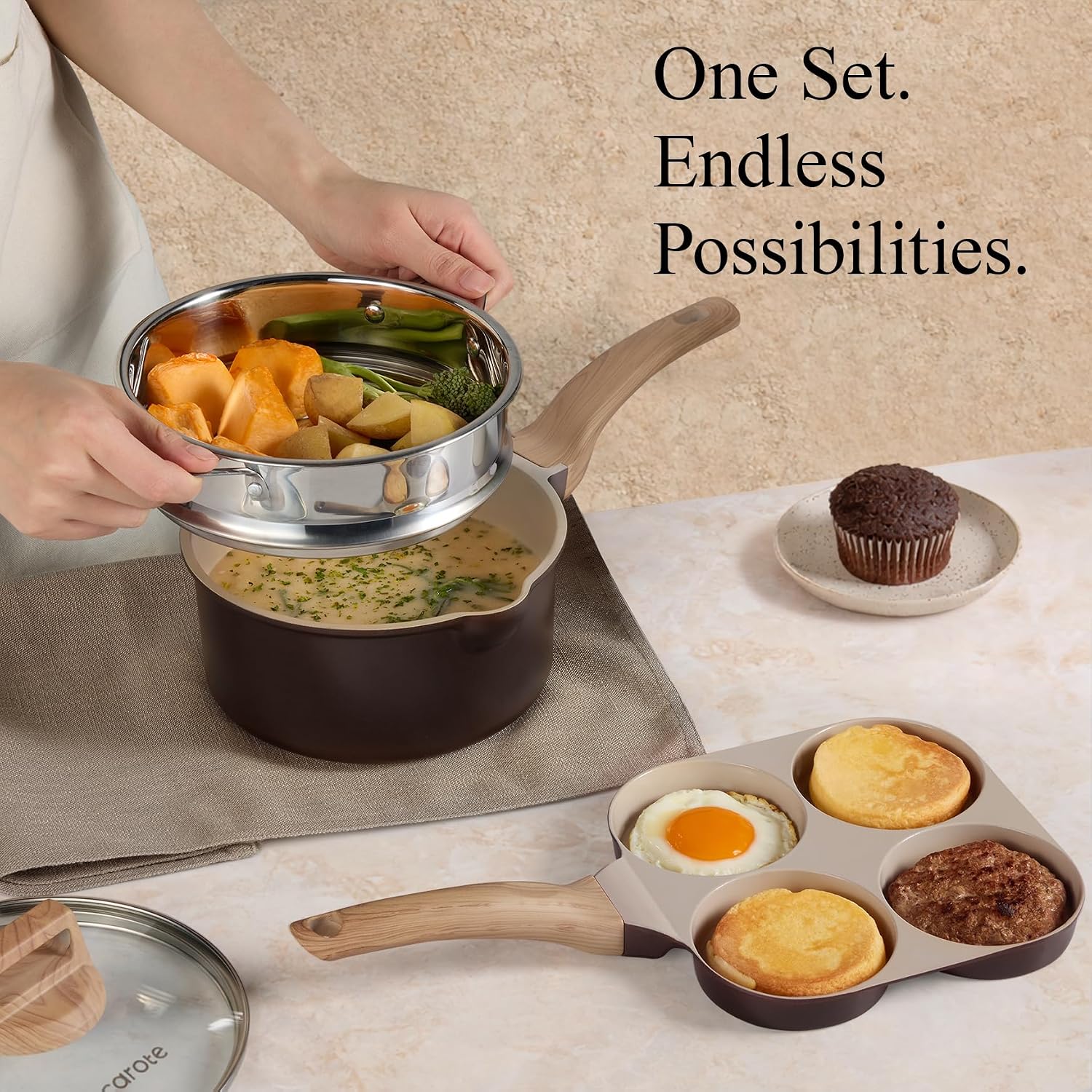 Detalle 2 de CAROTE A15665 21-Piece Ceramic Cookware Set, Induction-Compatible, Dark Mocha
