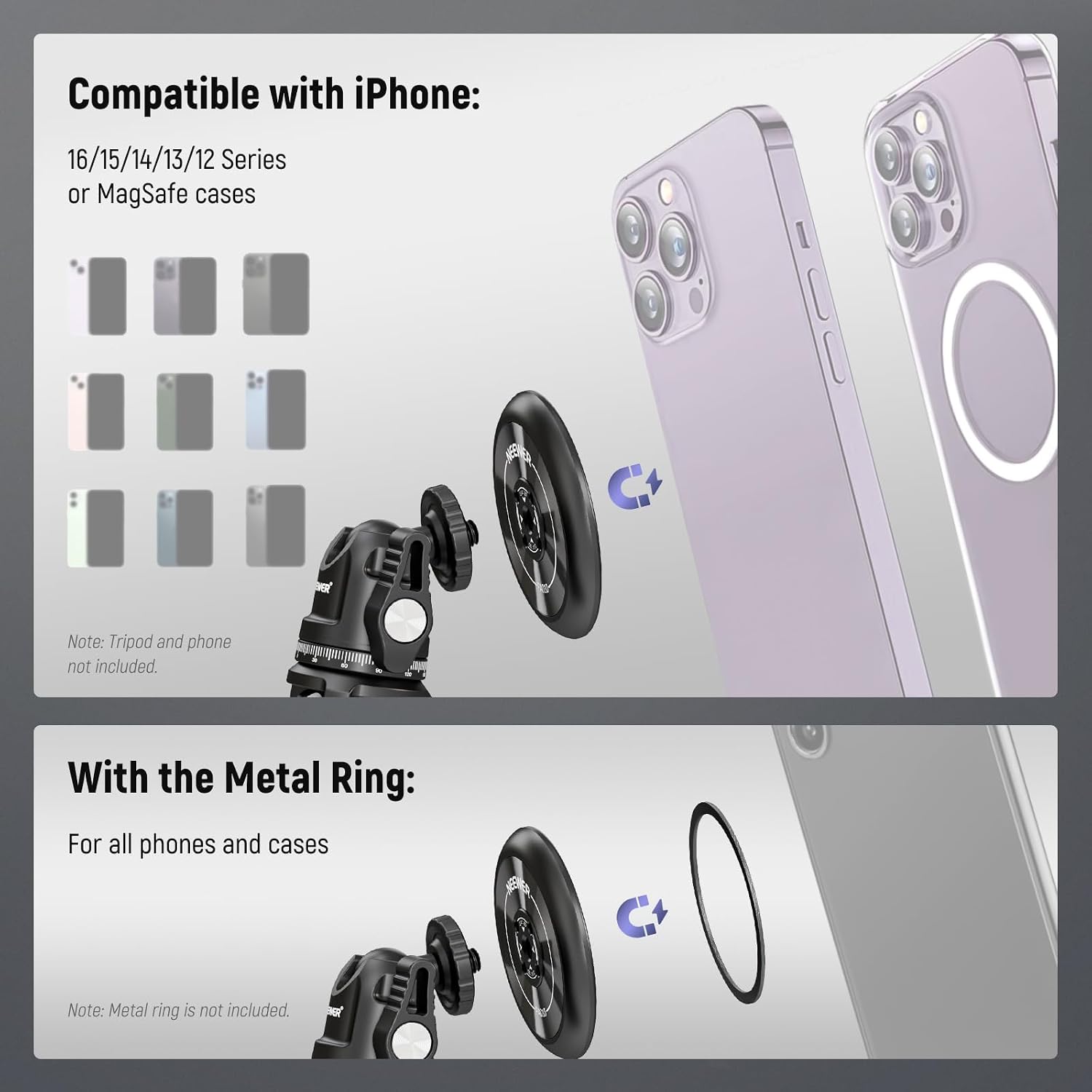 Detalle de NEEWER PA010 マグネット式スマートフォン三脚マウント 1/4インチネジ・粘着リング付き・2個セット