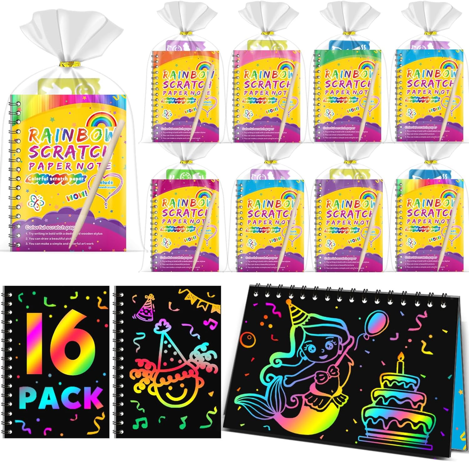 Detalle de Party Bag Fillers for Kids - Scratch Art Rainbow Magic Paper Set (Y-16 Pack)