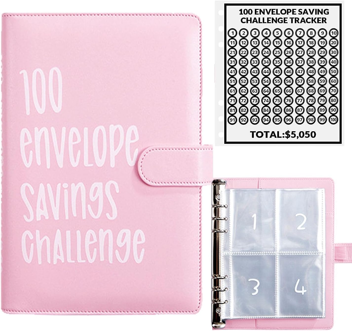 Detalle de AASLOB 100 Envelope Challenge Binder, Pink PVC, 25 Pages, 100 Slots