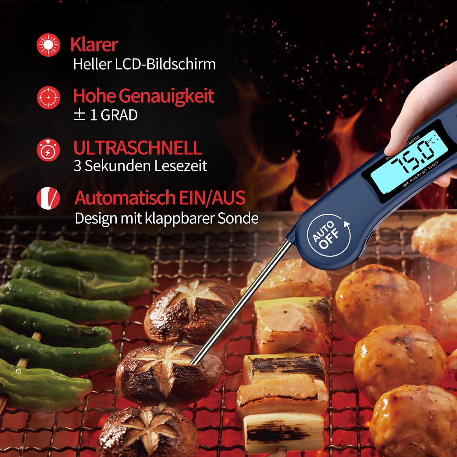Detalle 2 de DOQAUS Grillthermometer: Fleisch- und Küchenthermometer mit 3-Sekunden-Auslese, LCD-Display und langer 11,5 cm Sonde (Navyblau)