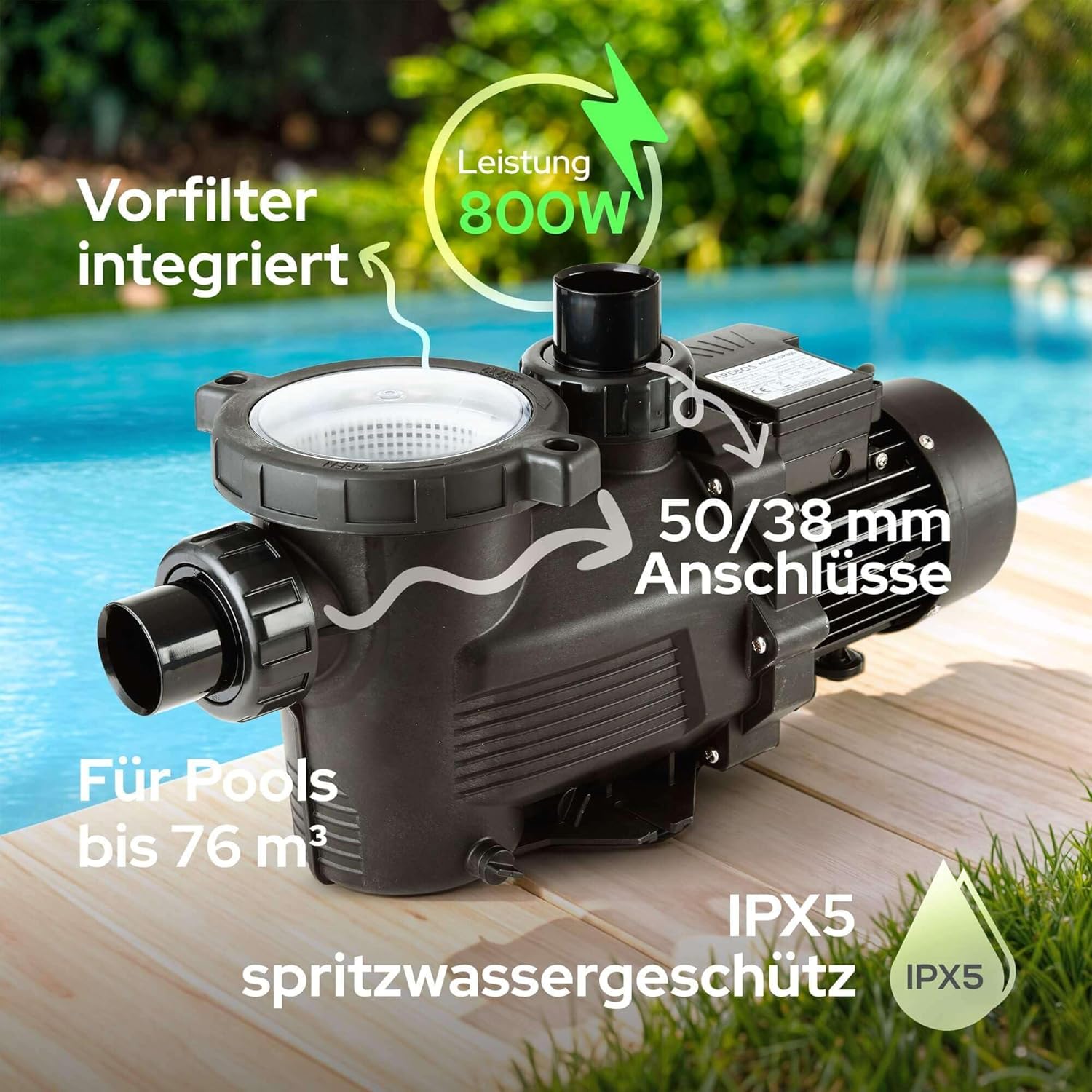 Thumbnail 2 de Arebos Schwimmbadpumpe 800W – Filterpumpe mit Vorfilter und 19000 l/h für Gartenpool und Aufstellbecken