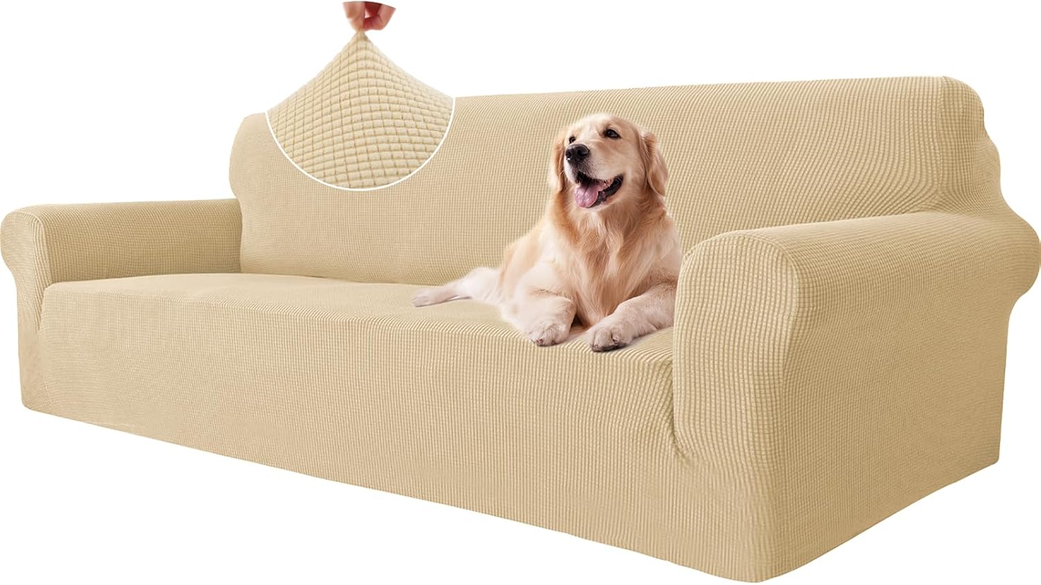 Detalle de Ystyle Housse de canapé extensible 4 places avec accoudoirs, beige jaune