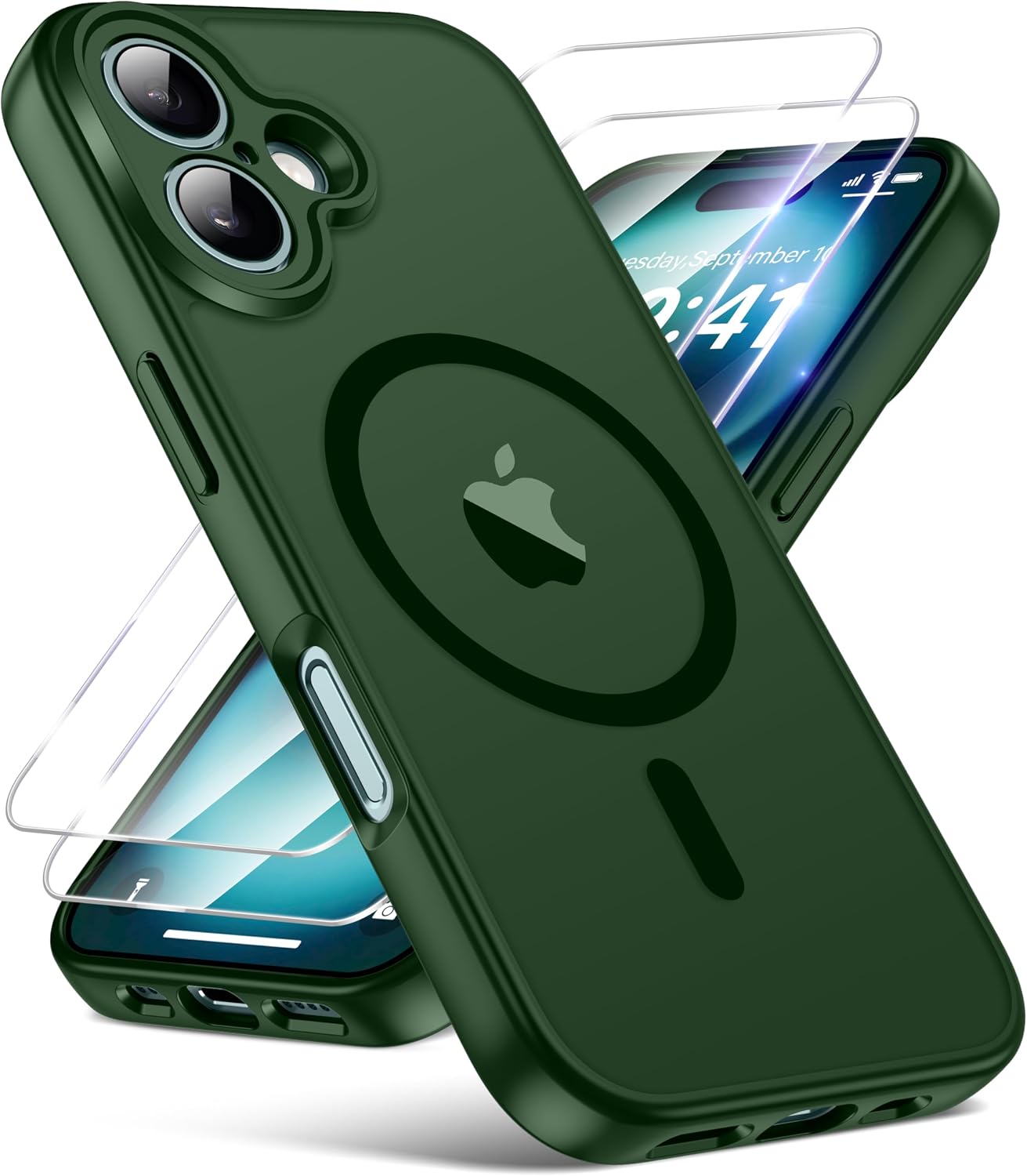 Detalle de FLLAO for iPhone 16 Case with Mag-safe and 2x Glass Screen Protector – Slim Green Bumper