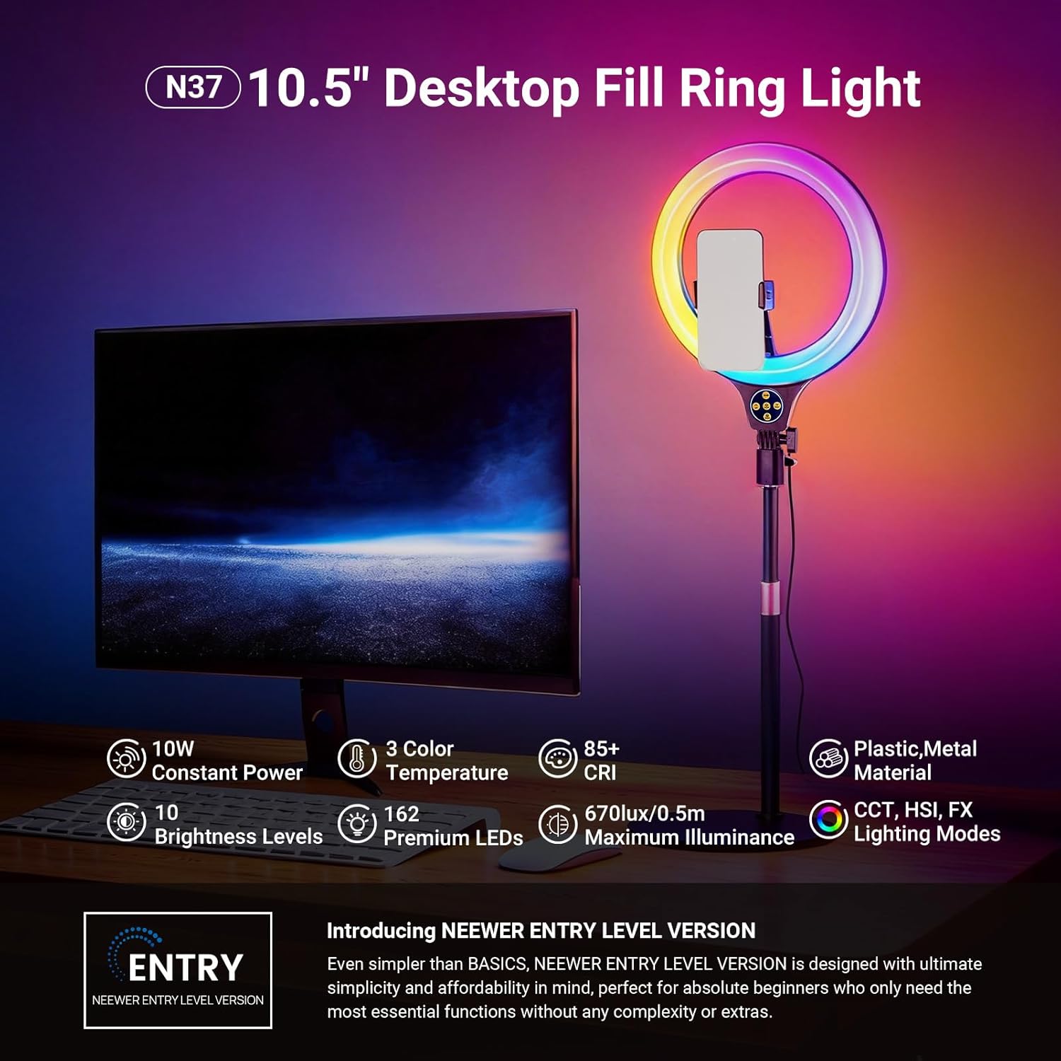 Detalle de NEEWER Entry Level Version N37 10.5" RGB Ring Light with Desk Mount and Phone Holder
