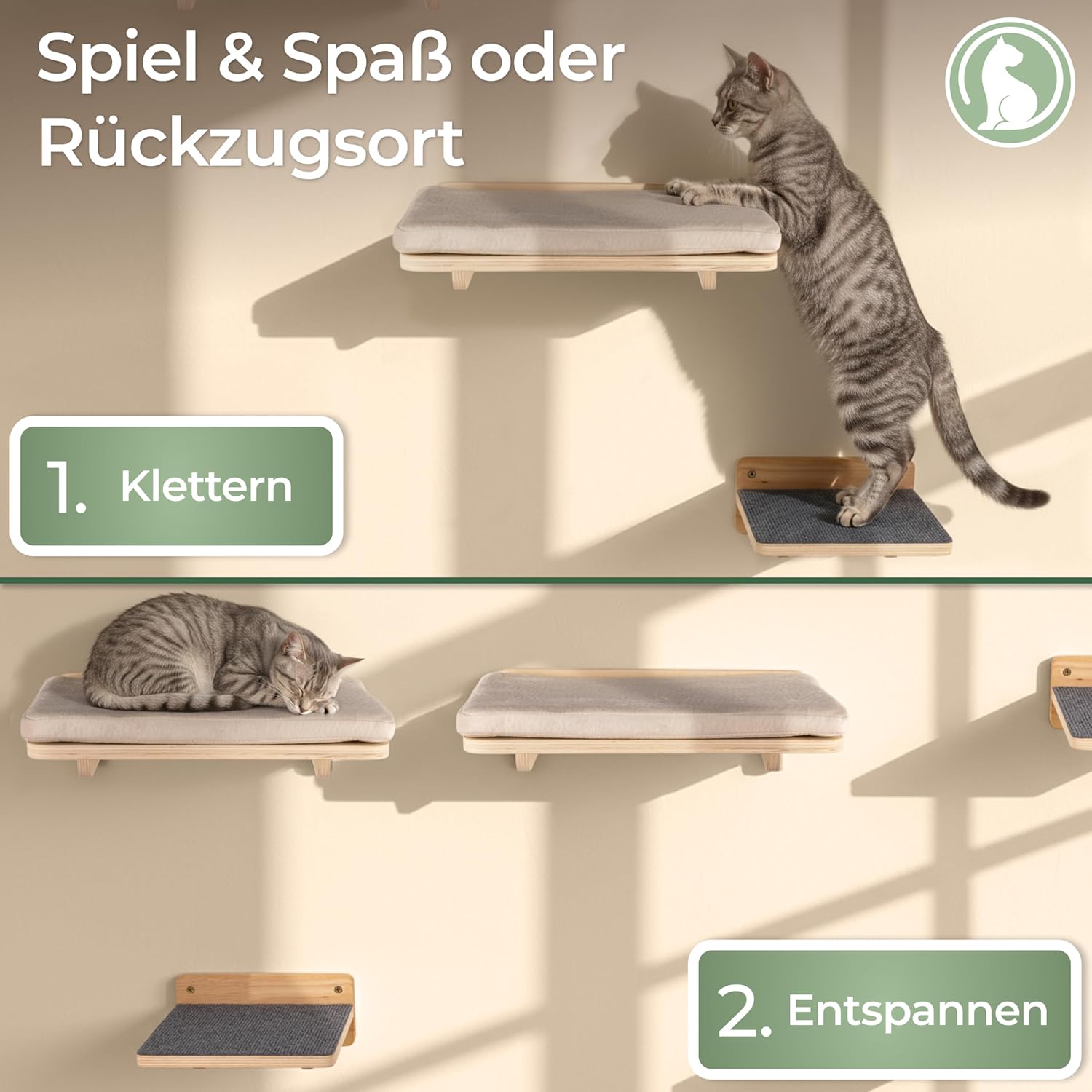 Detalle de WOOWOOD® 2X Kletterwand Katzen – 5-teiliges Set für Wandmontage, stabile Kratzbaum-Wand mit Katzenliege und Treppen (bis 35 kg)