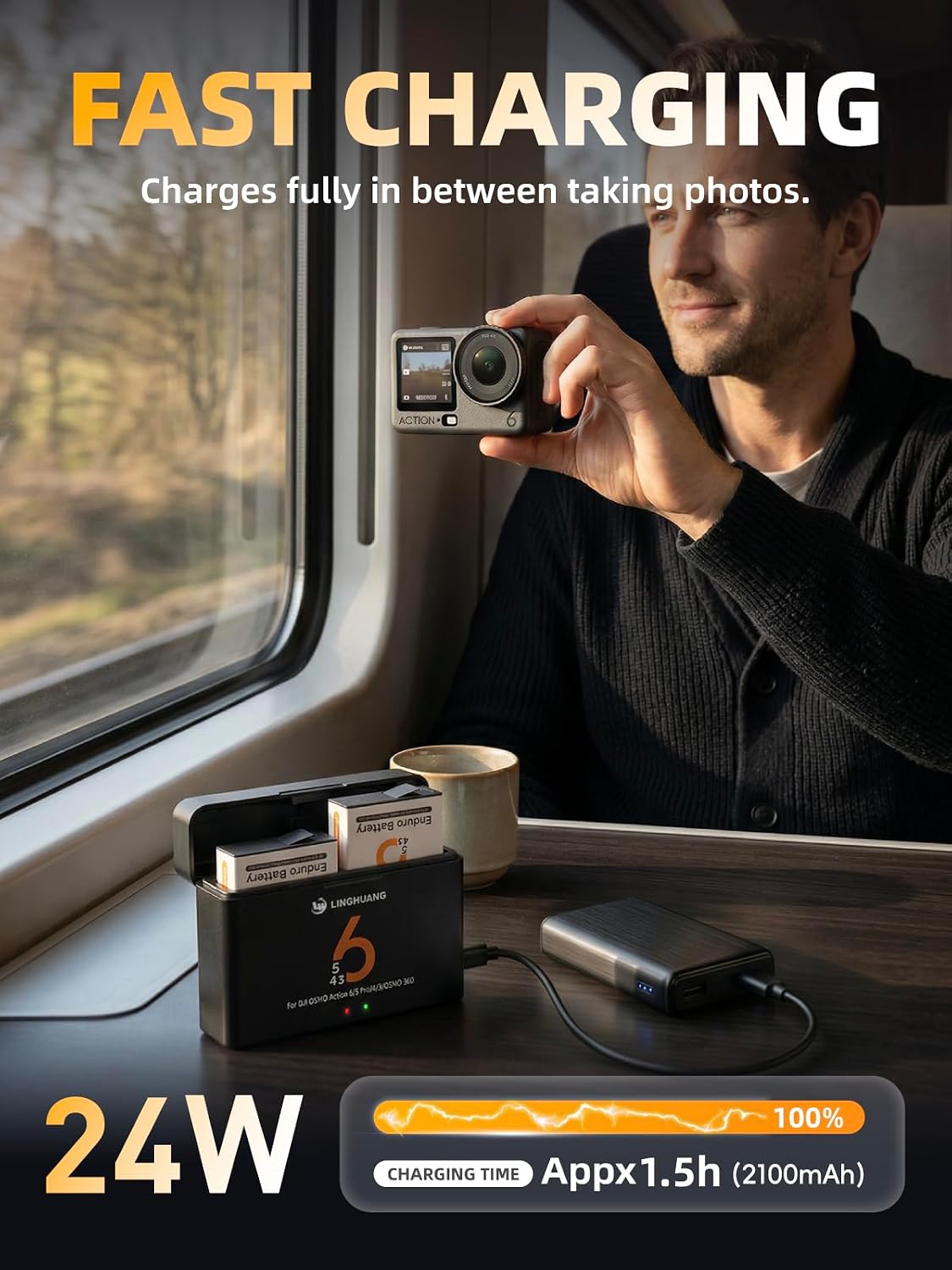 Detalle 2 de OSMO Action 5 Pro Battery & Fast Charger Set (2 Pack) with 2100mAh Batteries and PD 9V Quick Charge