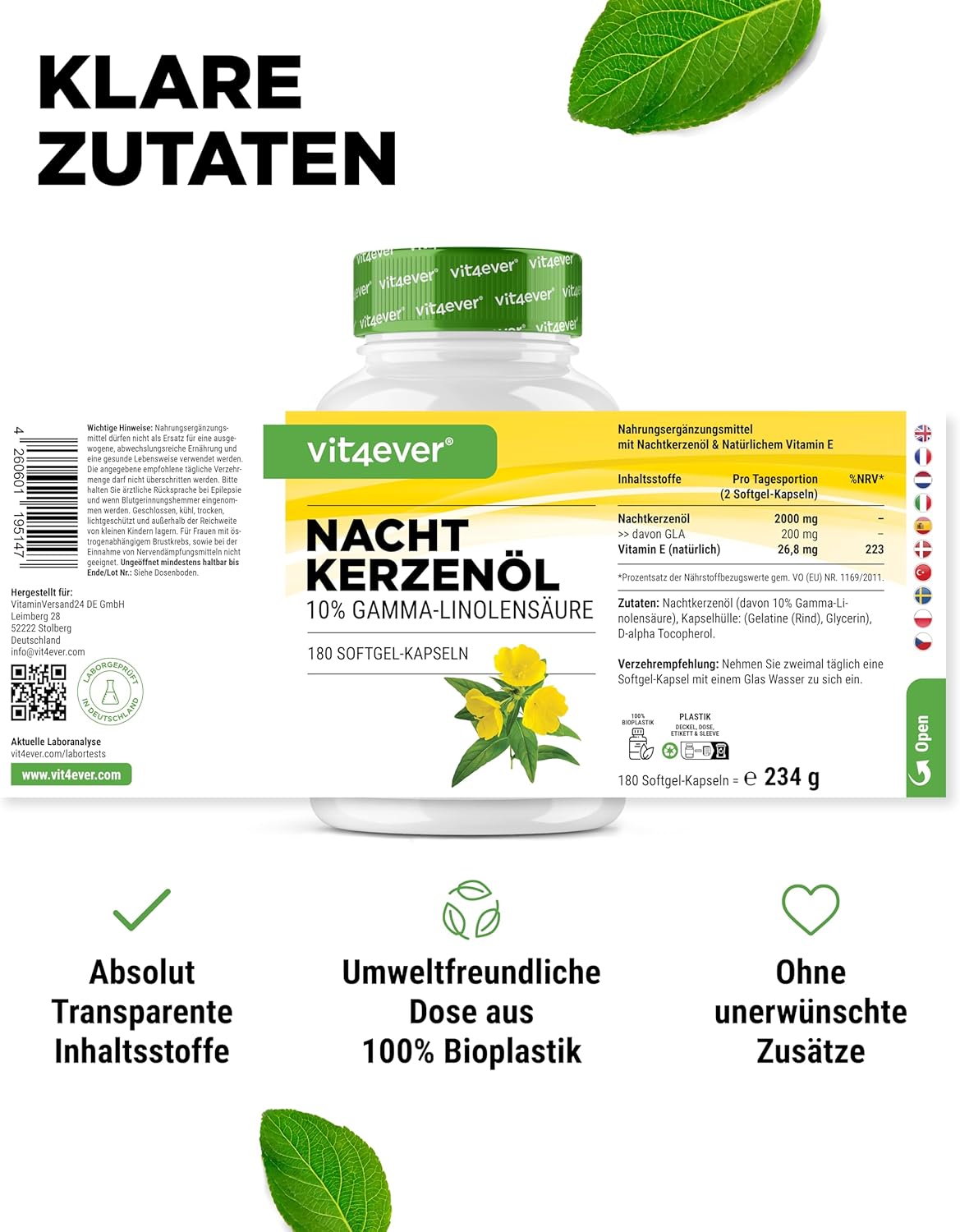 Thumbnail 5 de vit4ever Nachtkerzenöl Kapseln (180) – 2.000 mg Tagesdosis, 10% GLA, kaltgepresst