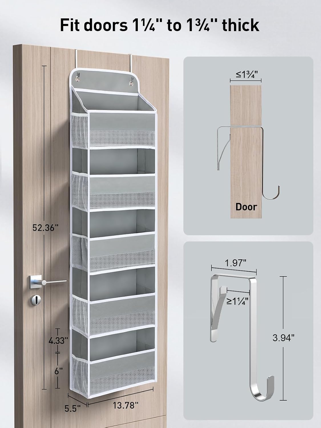 Detalle 2 de Yecaye Baby Essentials Over-the-Door Organizer, 5 Bins, 10 Side Pockets, Grey
