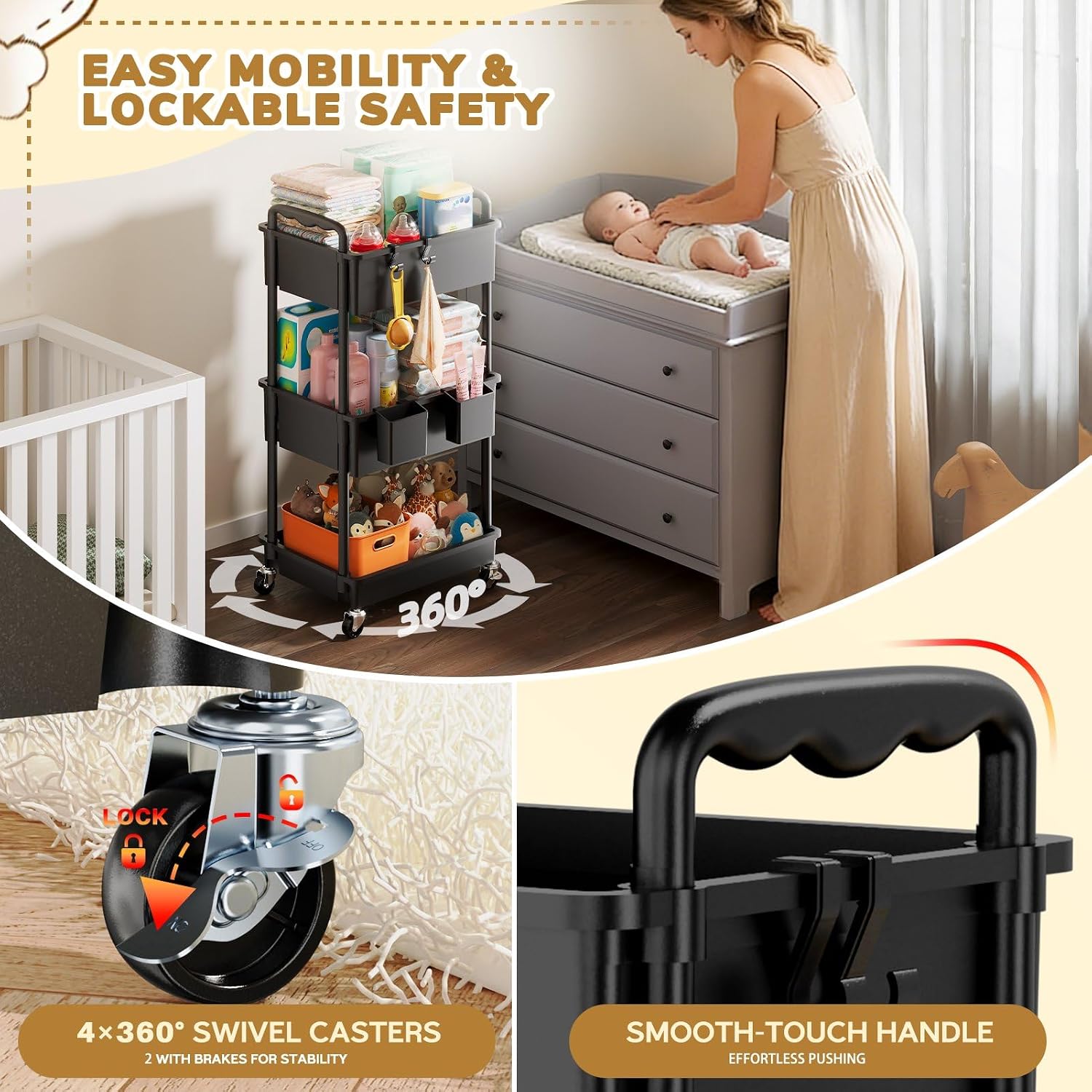 Detalle 1 de Goovilla 3-Tier Diaper Cart with Locking Wheels, Black Plastic Organizer