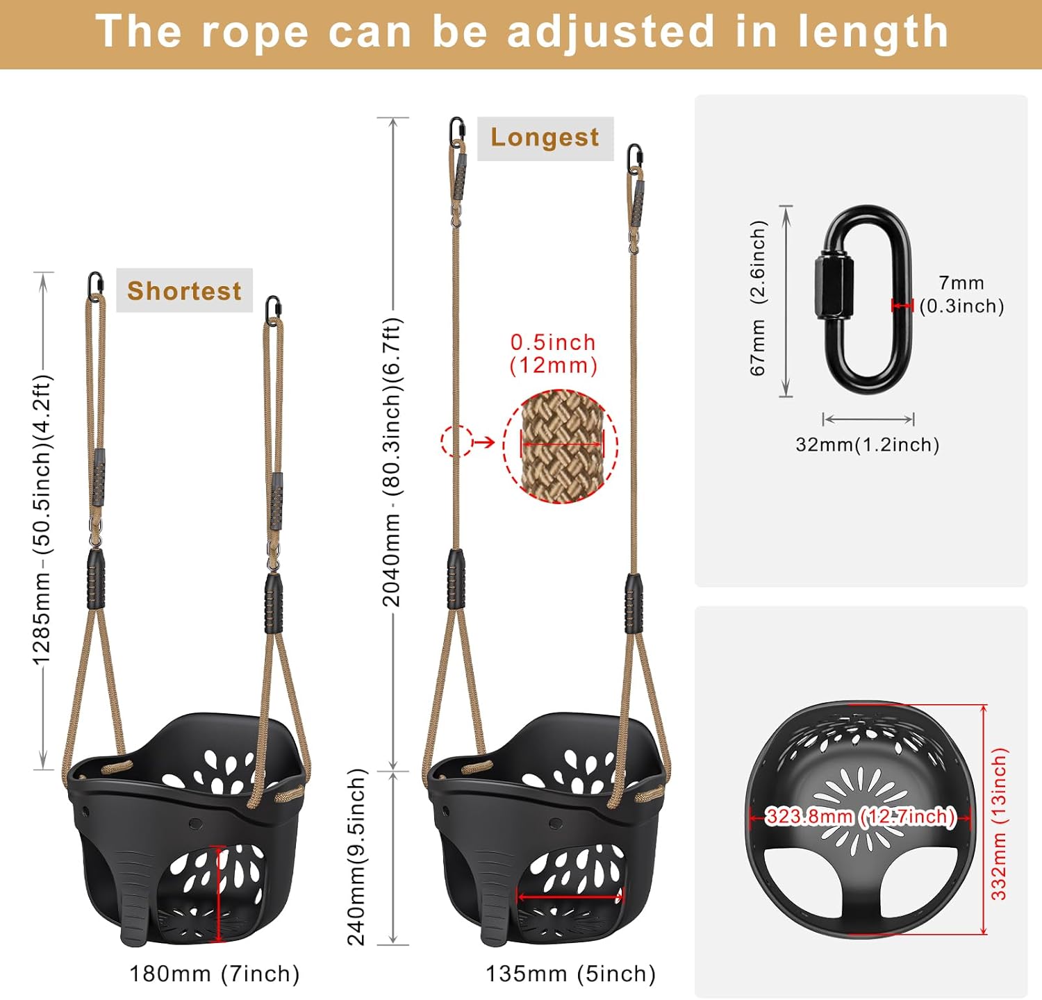 Thumbnail 6 de Dolibest Swing Seat Kids Soft Plastic Bucket Swing (Black Elephant) with High Back & Adjustable 130–200cm Rope