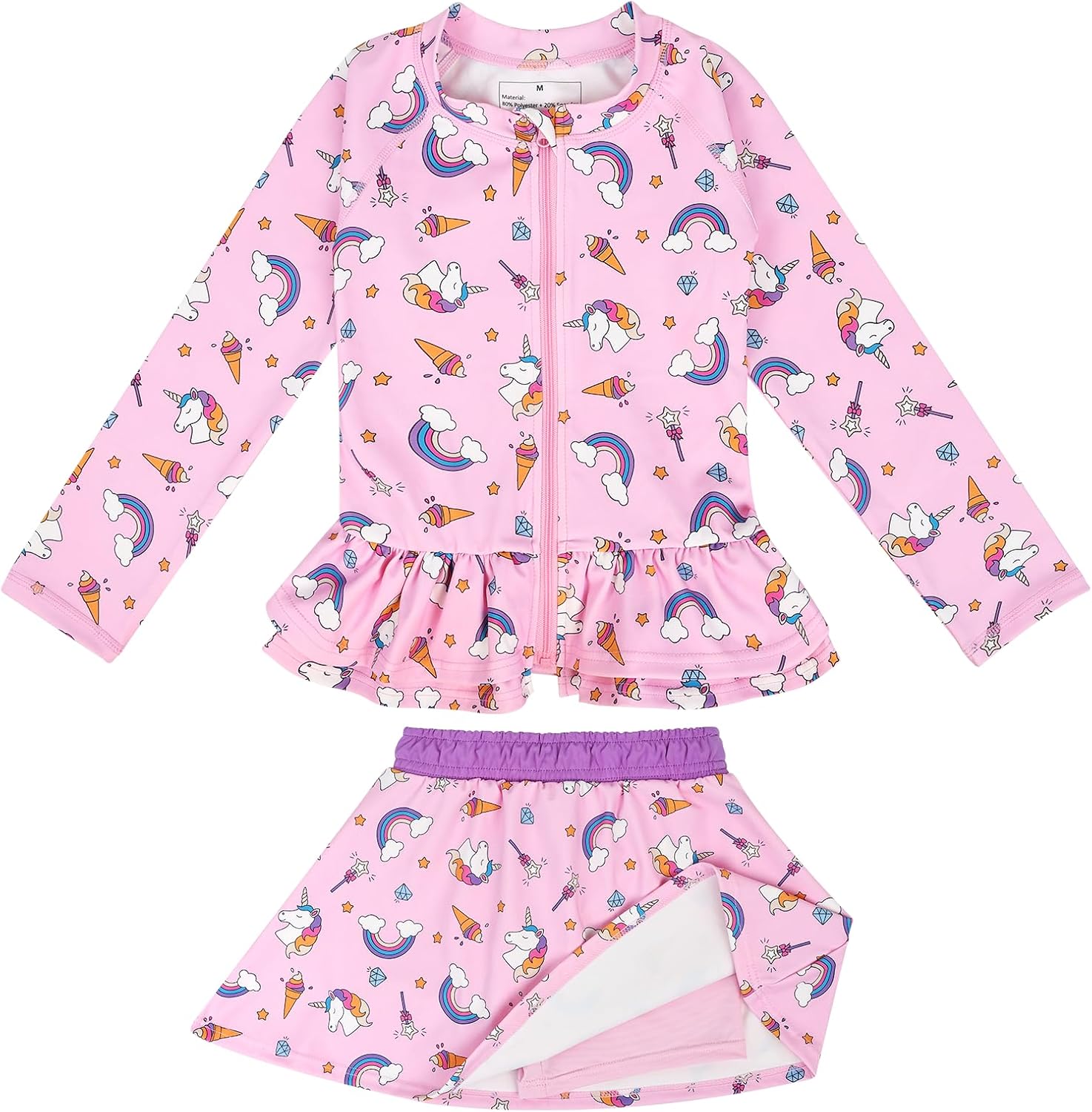 Detalle de FLYISH DIRECT Girls Swimming Costume with UPF 50+ Long Sleeve Rash Vest and Skirt – Ice Cream Unicorn