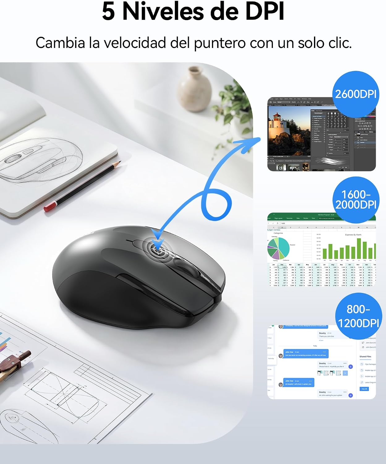 Thumbnail 3 de TECKNET Ratón Inalámbrico ergonómico 2.4G con 5 niveles y 2600 dpi, 6 botones (USB Plug & Play)