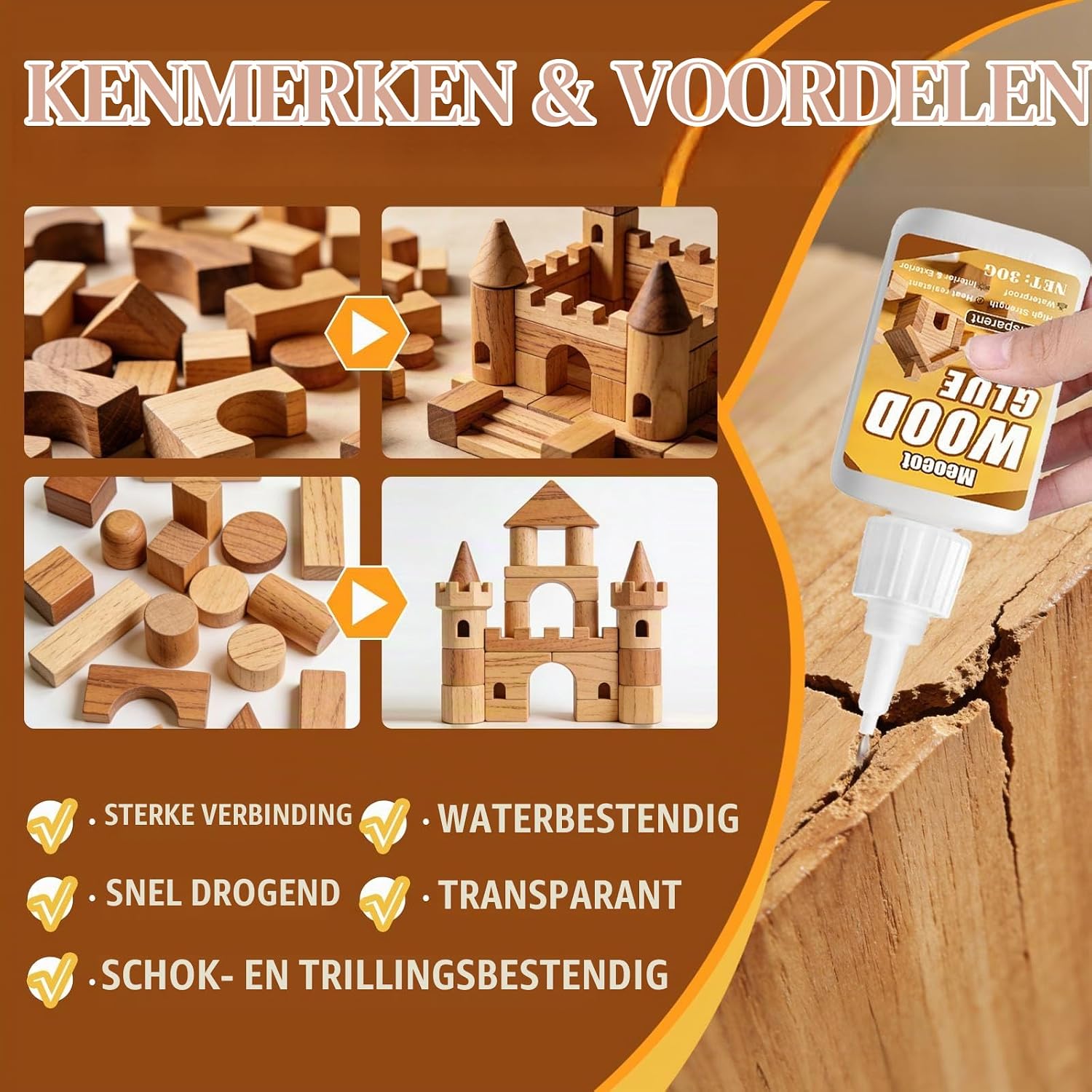 Detalle de Meoeot H001 houtlijm 30 g, transparant, waterdicht en sneldrogend