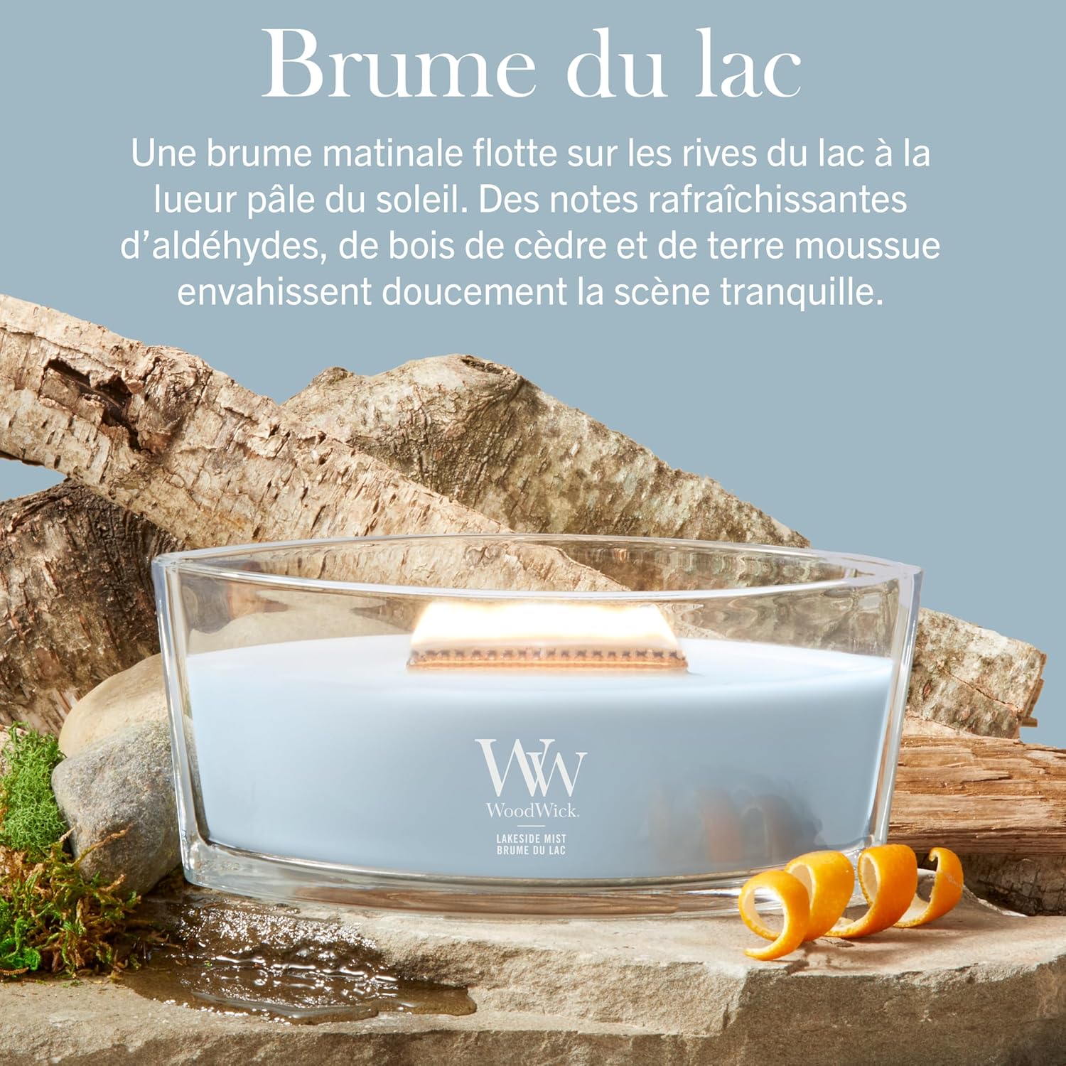 Detalle de WoodWick Bougie parfumée Ellipse Brume du Lac — Cadeau élégant pour femmes