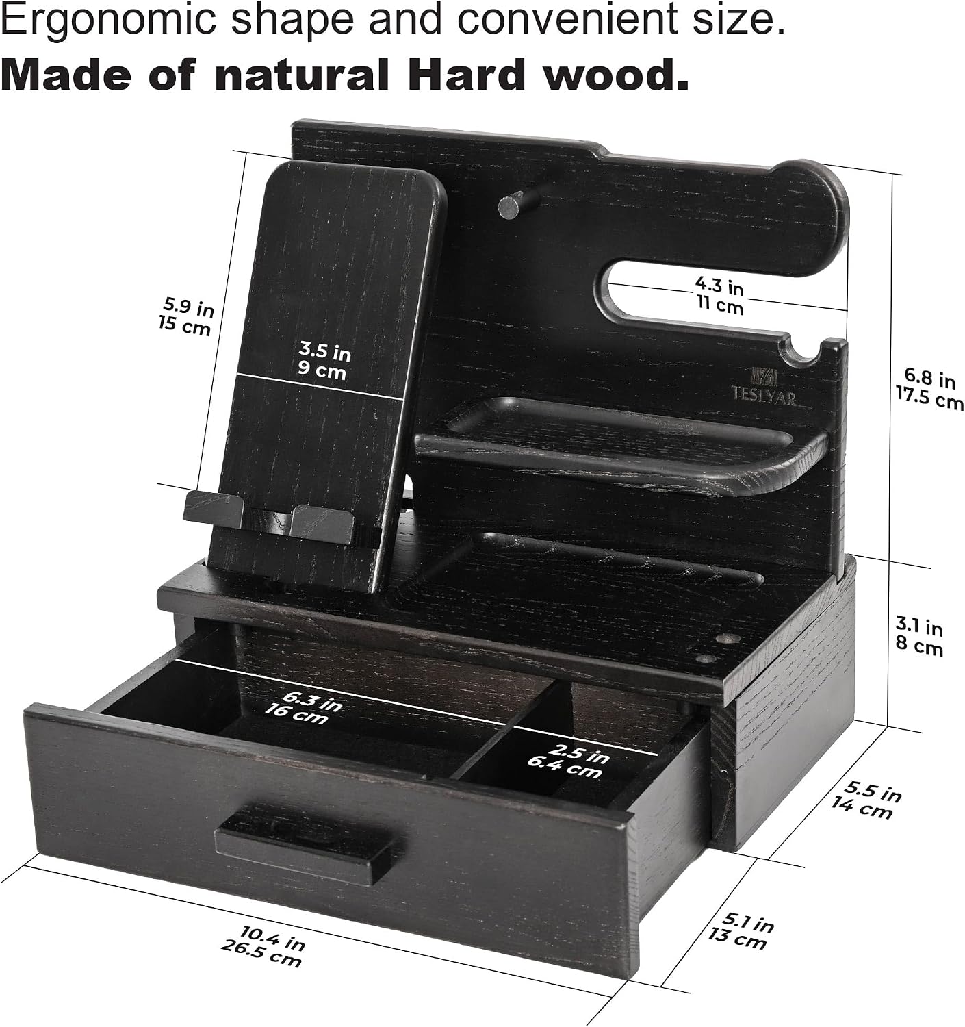 Thumbnail 6 de Teslyar Wood Phone Docking Station with Drawer (Solid Ash, Black) – Desk & Bedside organiser