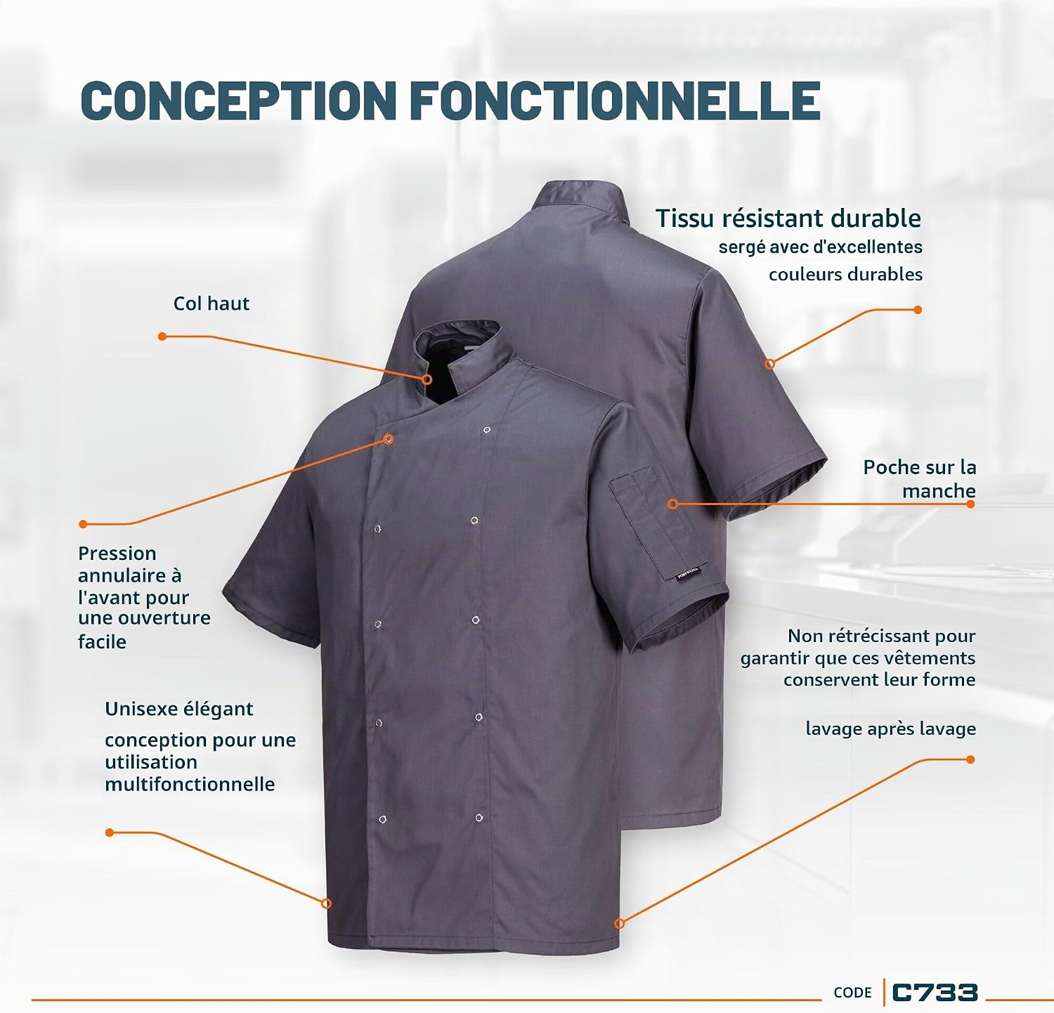 Detalle de Portwest C733 Veste de Chef Moderne Légère à Manches Courtes Cumbria