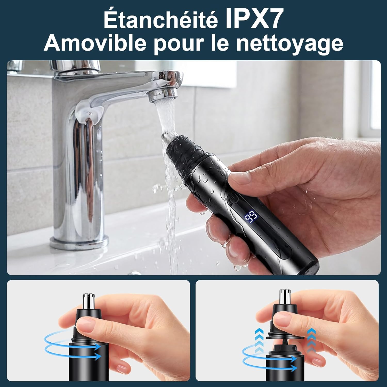 Thumbnail 4 de Tondeuse Nez USB rechargeable 2 en 1 (poils du nez et des oreilles) avec écran LCD et tête rotative 360°