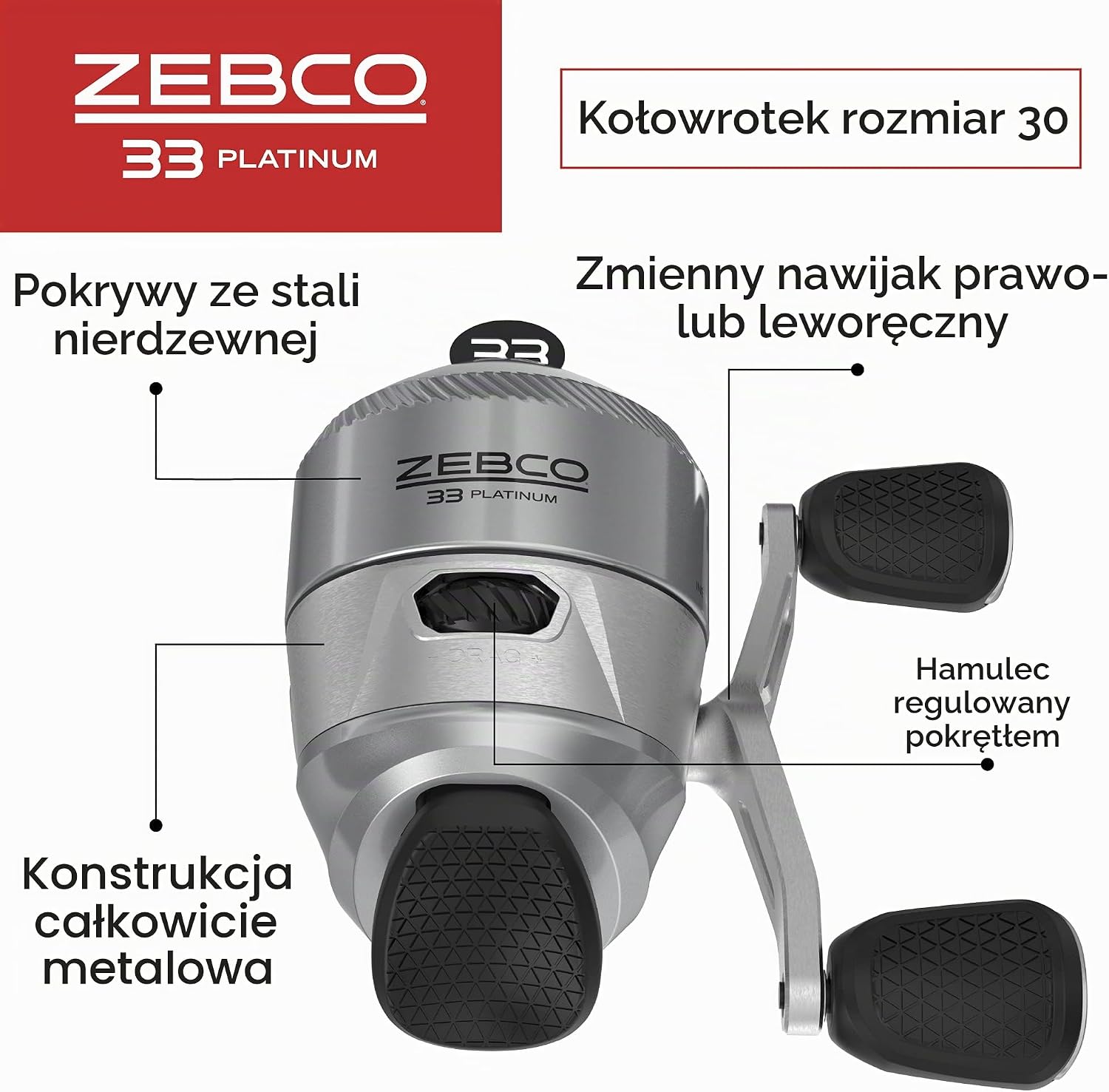 Detalle de Zebco 33 Platinum – kołowrotek spincast z metalowym korpusem i łożyskami ze stali nierdzewnej