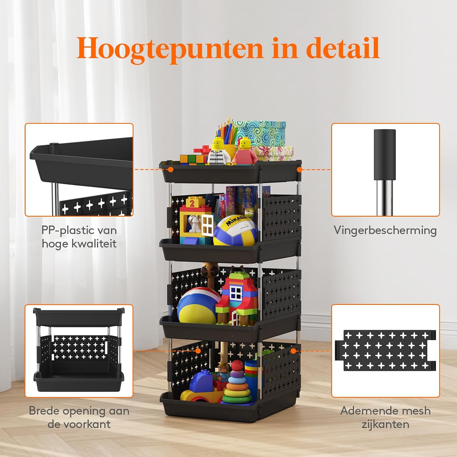 Detalle de Lifewit 23005 stapelbare opbergbakken, 4 niveaus, zwart, 35 x 30 x 72 cm