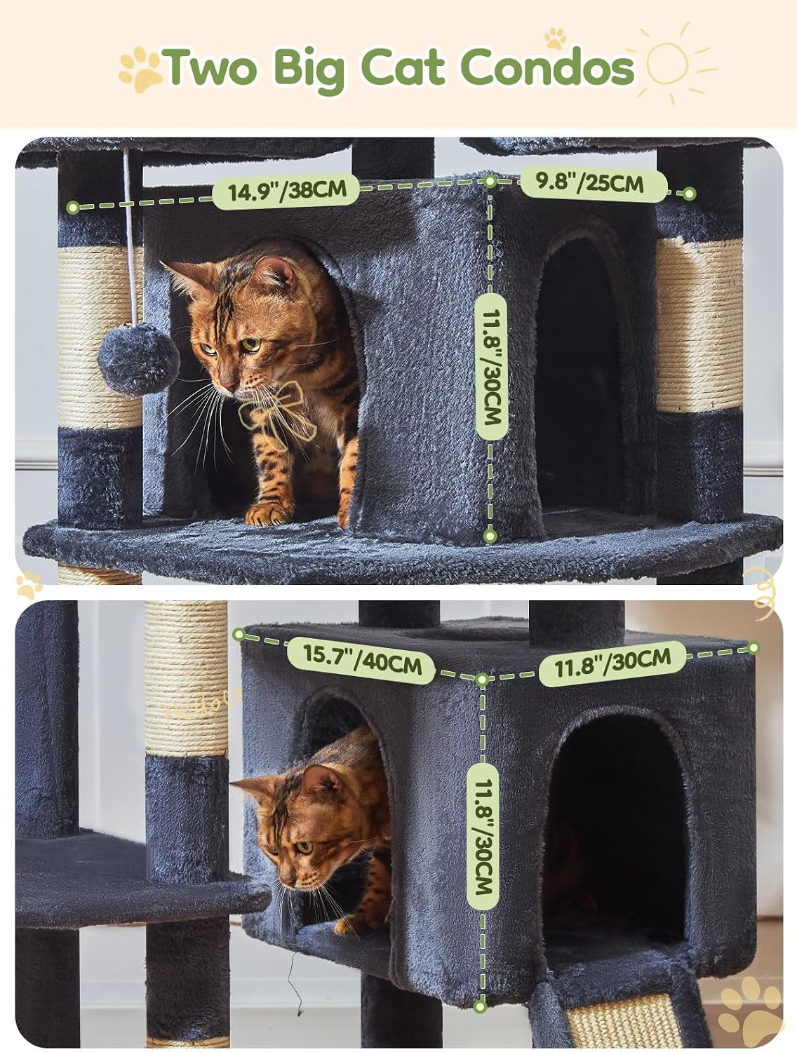 Detalle de Taoqimiao MS047G Cat Tree (193 cm) with 7 Sisal Scratching Posts, Multi-level Condos and Metal Hammock