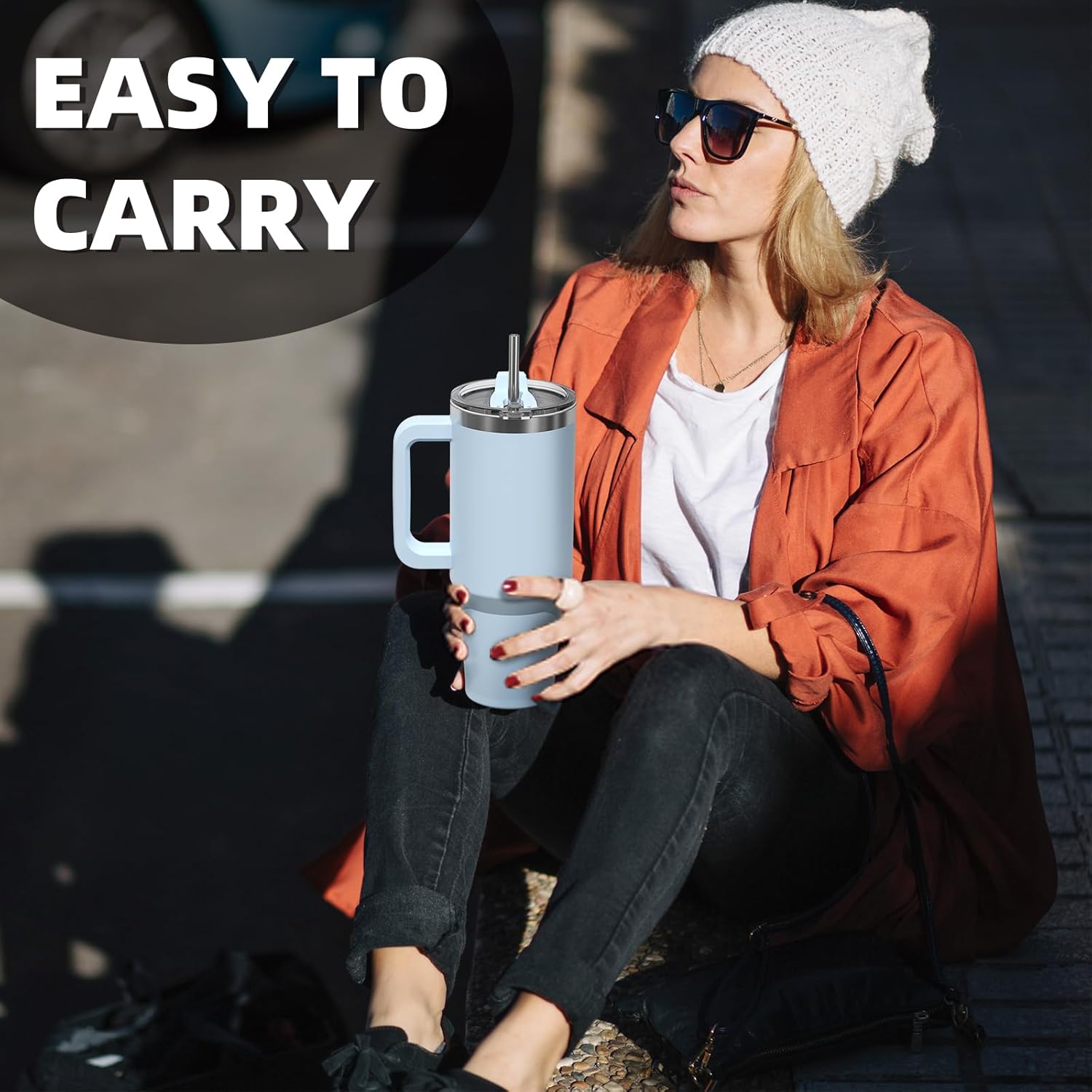 Detalle de WATERSY Travel Mug Coffee Cup 40oz: Big Stainless Steel Tumbler with Straw Lid, Handle and Double-Wall Vacuum - 1182ml, Blue