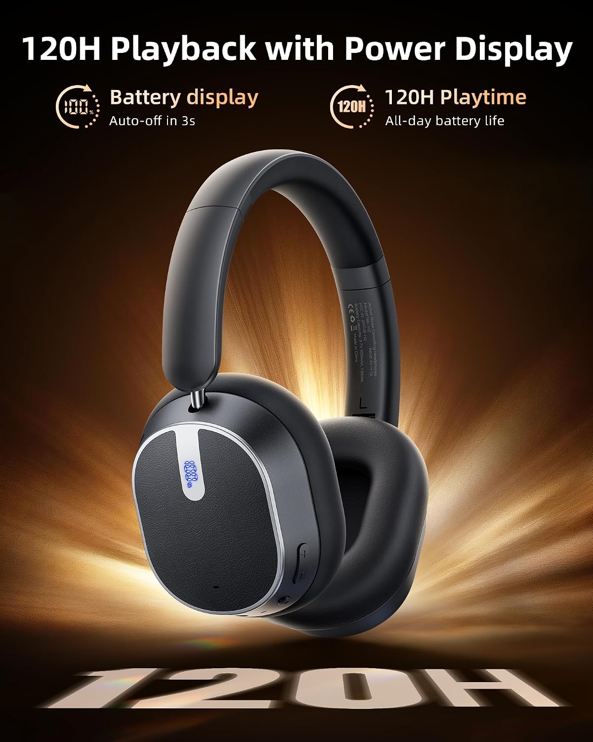 Detalle 2 de bmani H2 Over-Ear ANC Headphones, 120-Hour Battery, Bluetooth 6.0, Black