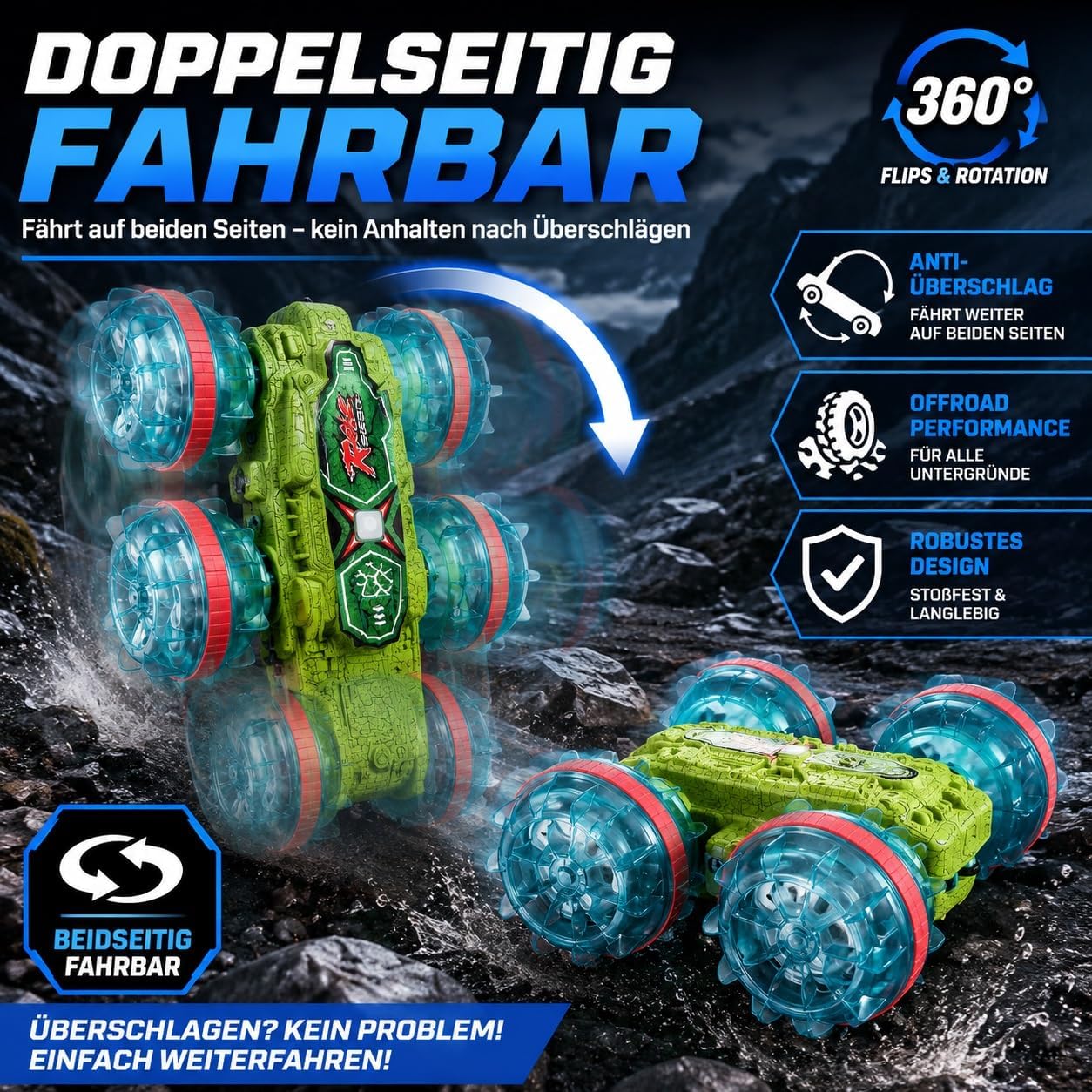 Detalle de Ferngesteuertes Amphibienfahrzeug: Outdoor-Fun für Kinder ab 6+ – Wasser & Land, 2×1200mAh Akkus, 360° Drehung