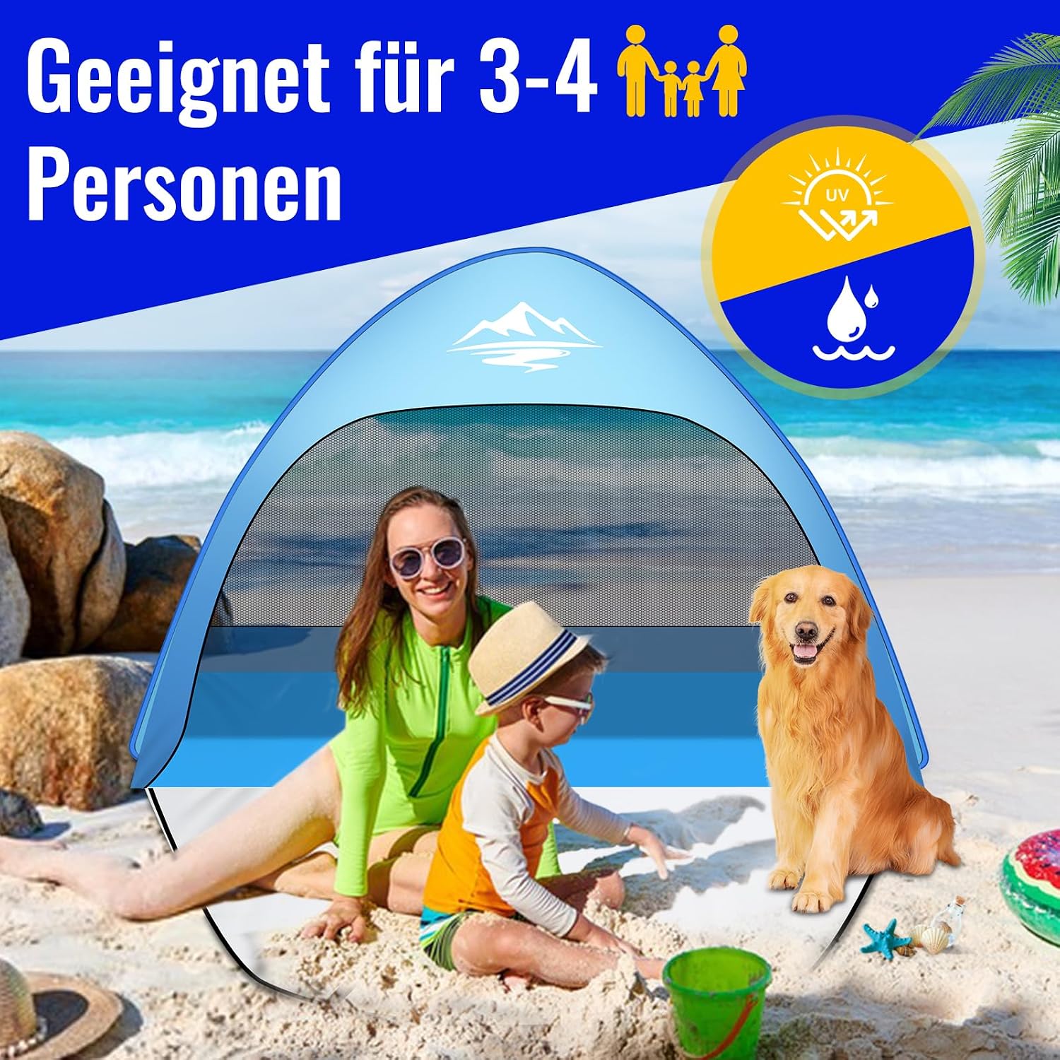 Detalle 2 de Strandmuschel Pop Up Strandzelt 3-4 Personen – UV-Schutz 50+, Windstabil, schnell aufgebaut