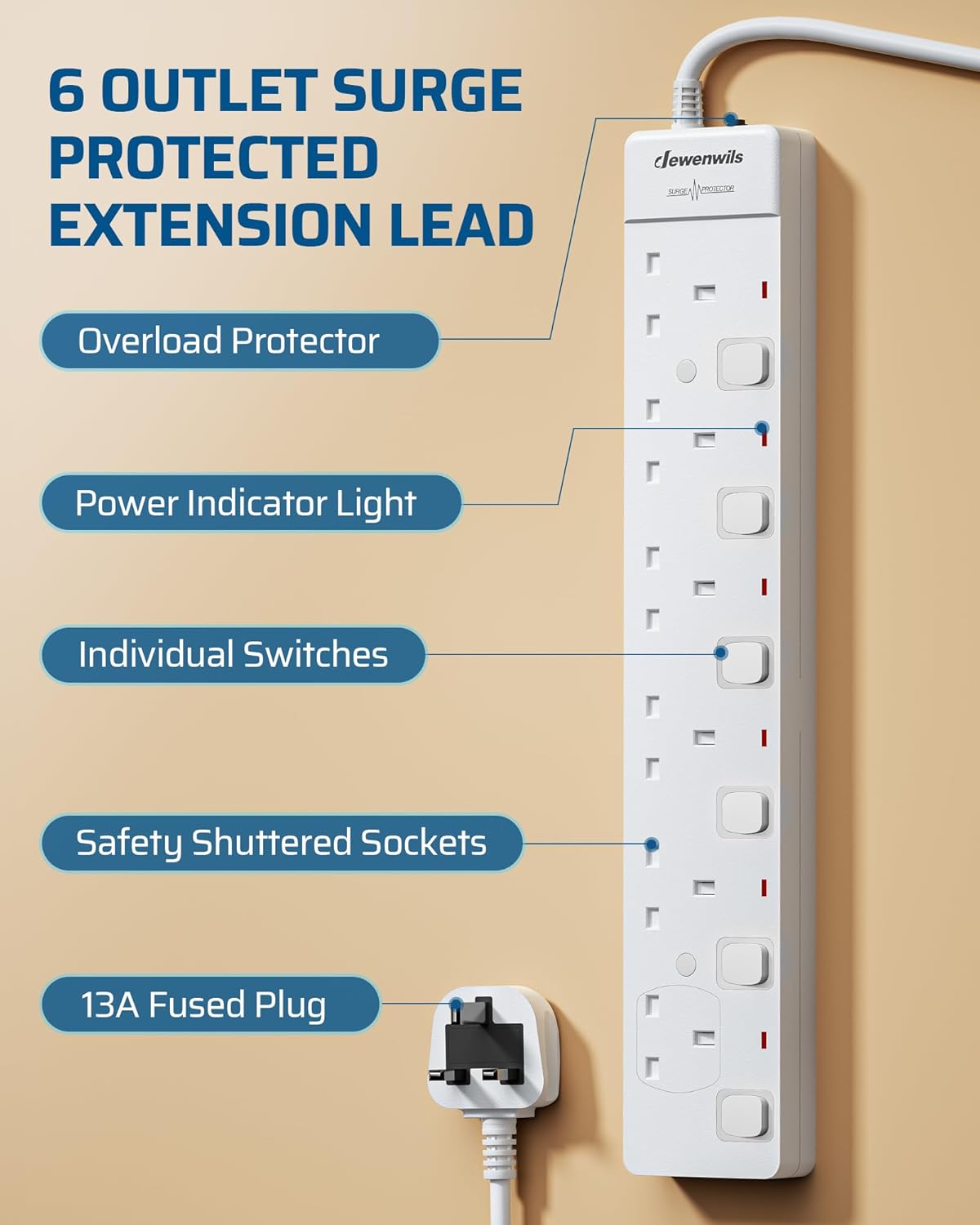 Thumbnail 1 de DEWENWILS 6 Way Surge Protected Extension Lead with 3m Cord and Wall Mount