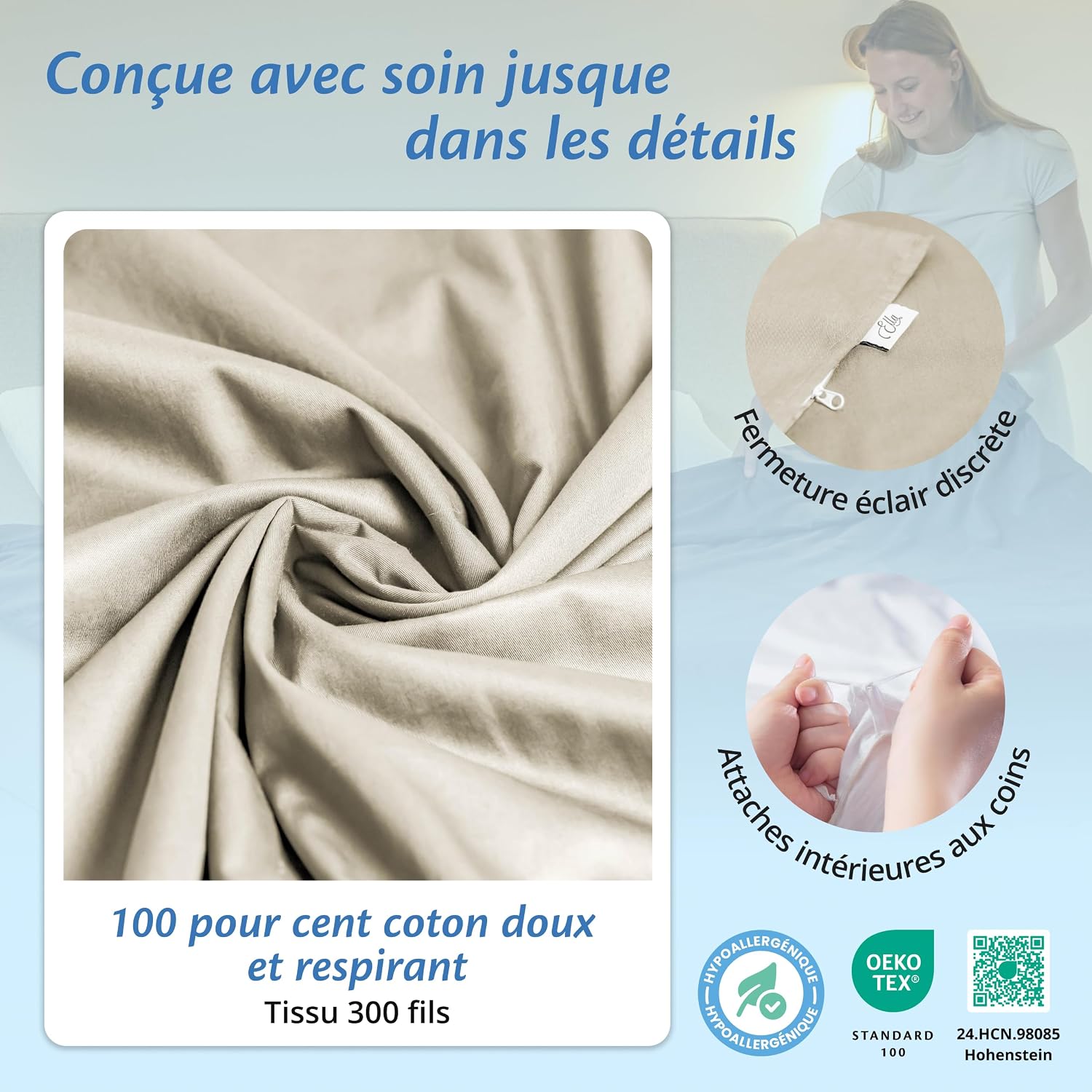 Detalle de Ella Housse de Couette 200x200 cm pour Couverture Lestée – 100% Coton – Pour 11 kg et 13 kg | Blanc Naturel