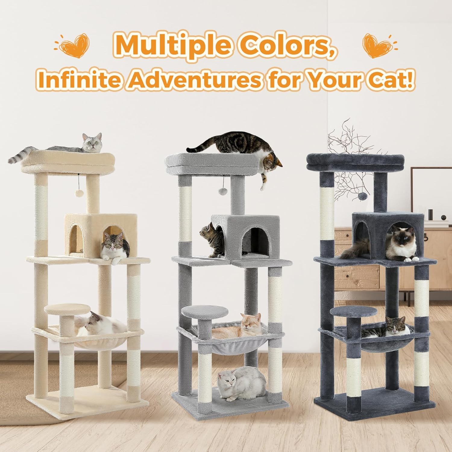 Thumbnail 6 de PAWZ Road Katzenbaum mit Hängematte, 6-stufigem Kratzturm und großer Sitzstange (beige, 143 cm)