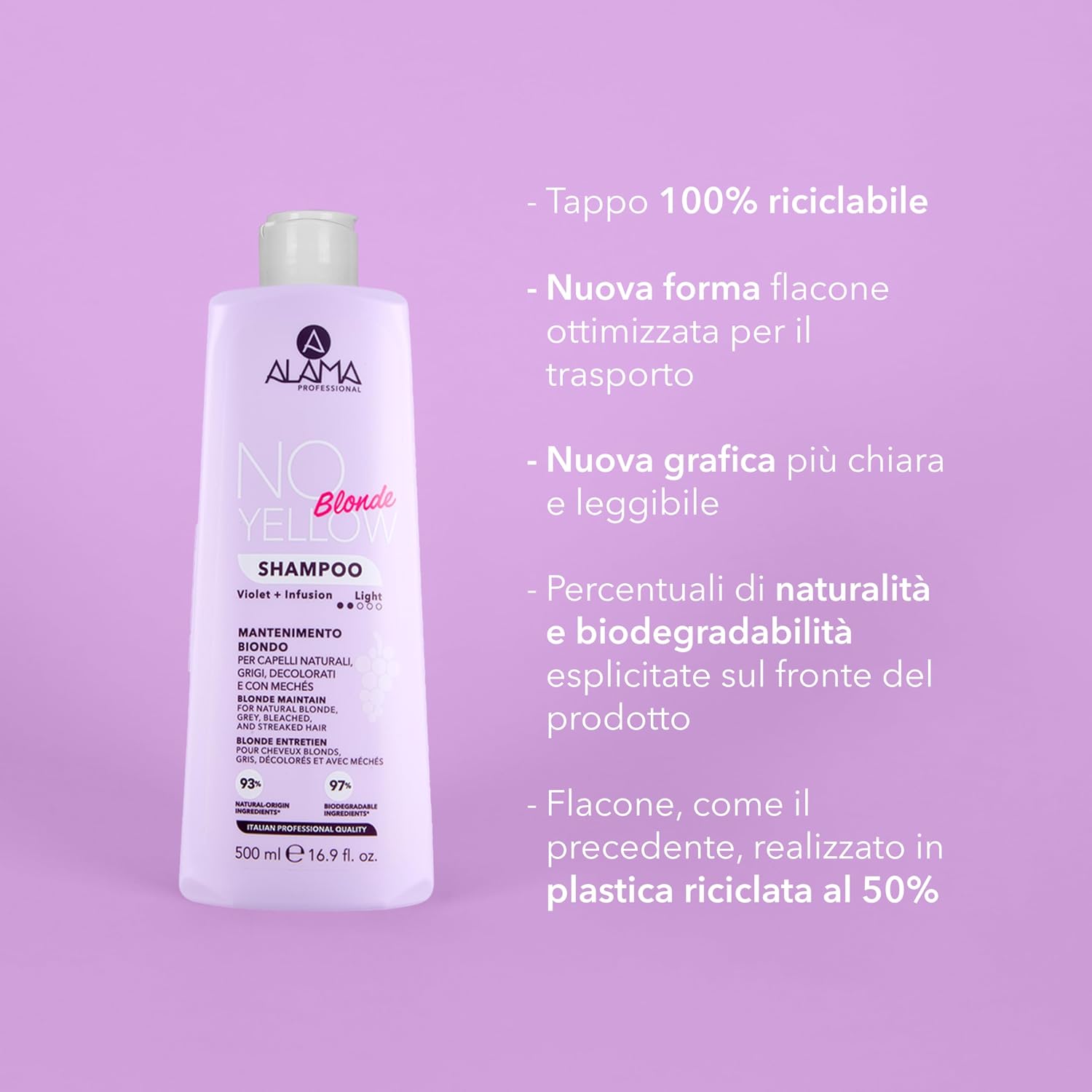 Detalle 2 de Alama Professional No-Yellow Daily Shampoo: valorizza il biondo senza tingere o appesantire