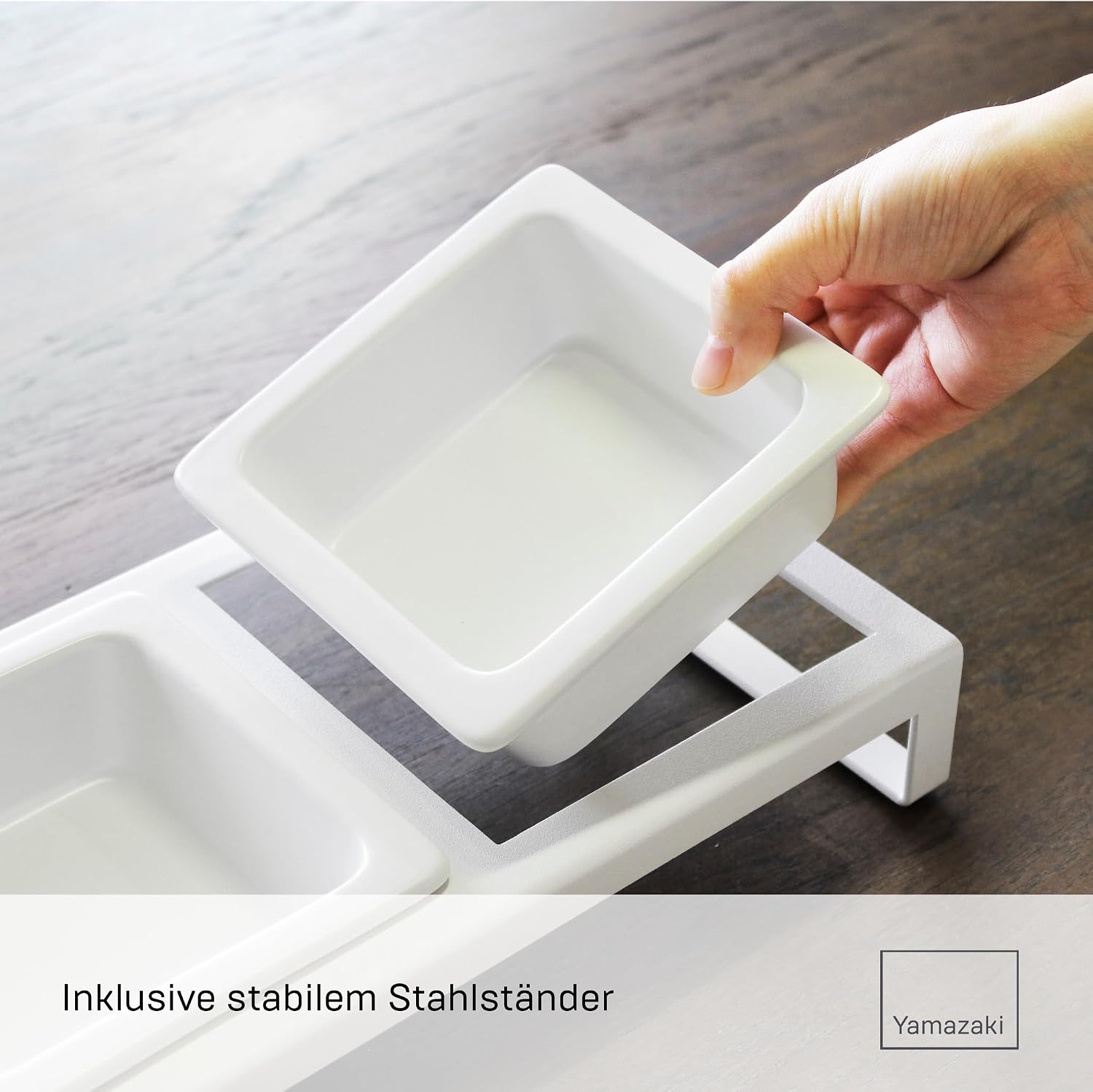 Detalle de Yamazaki 4744 Tower Futternapf – weiß, Stahl/Keramik, 2x300 ml, 29 x 15,5 x 10 cm