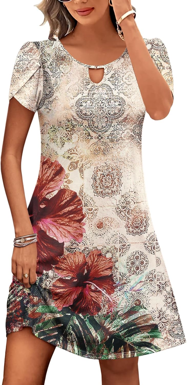 Detalle de HOTOUCH Women’s Casual A-Line T-Shirt Dress with Pockets (Floral, Short Sleeve Mini)