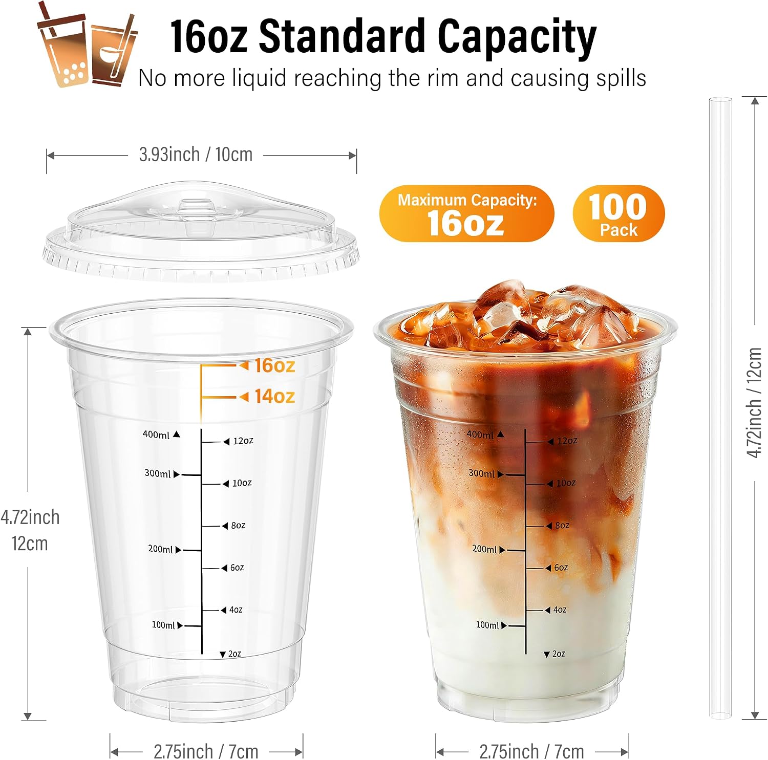 Thumbnail 2 de 100 Pack - 16 oz Ratio Lines Iced Coffee Cups with Lids & Straws