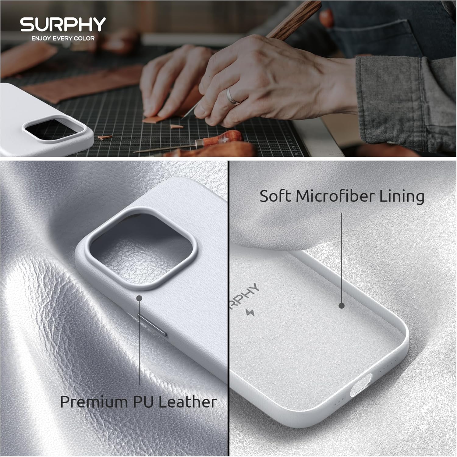 Thumbnail 4 de SURPHY Faux Leather Case for iPhone 15 Pro (6.1in) with Screen Protectors & MagSafe – Cool White
