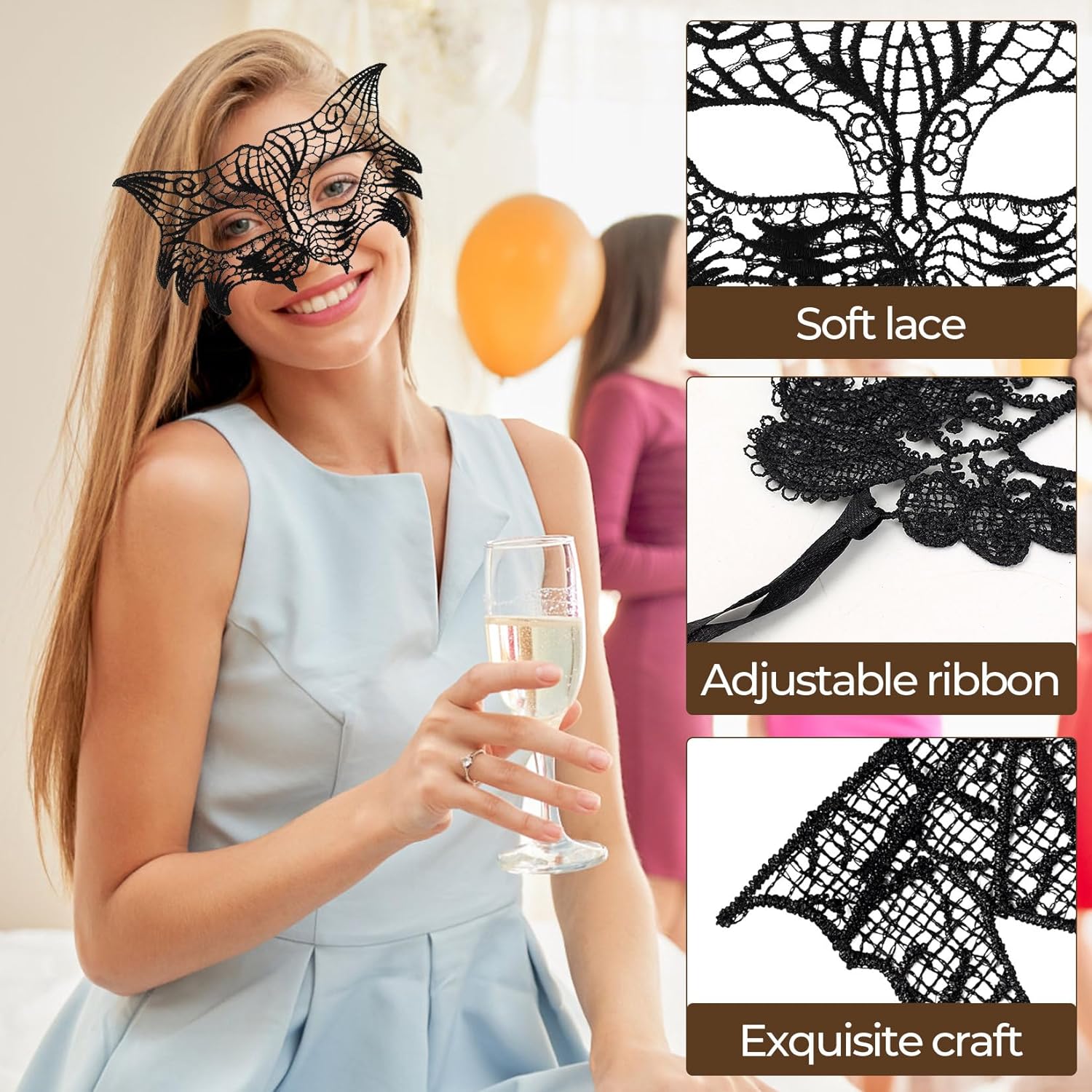 Detalle 2 de But the cow 10 Pcs Black Masquerade Mask – Lace Eye Masks for Women and Men