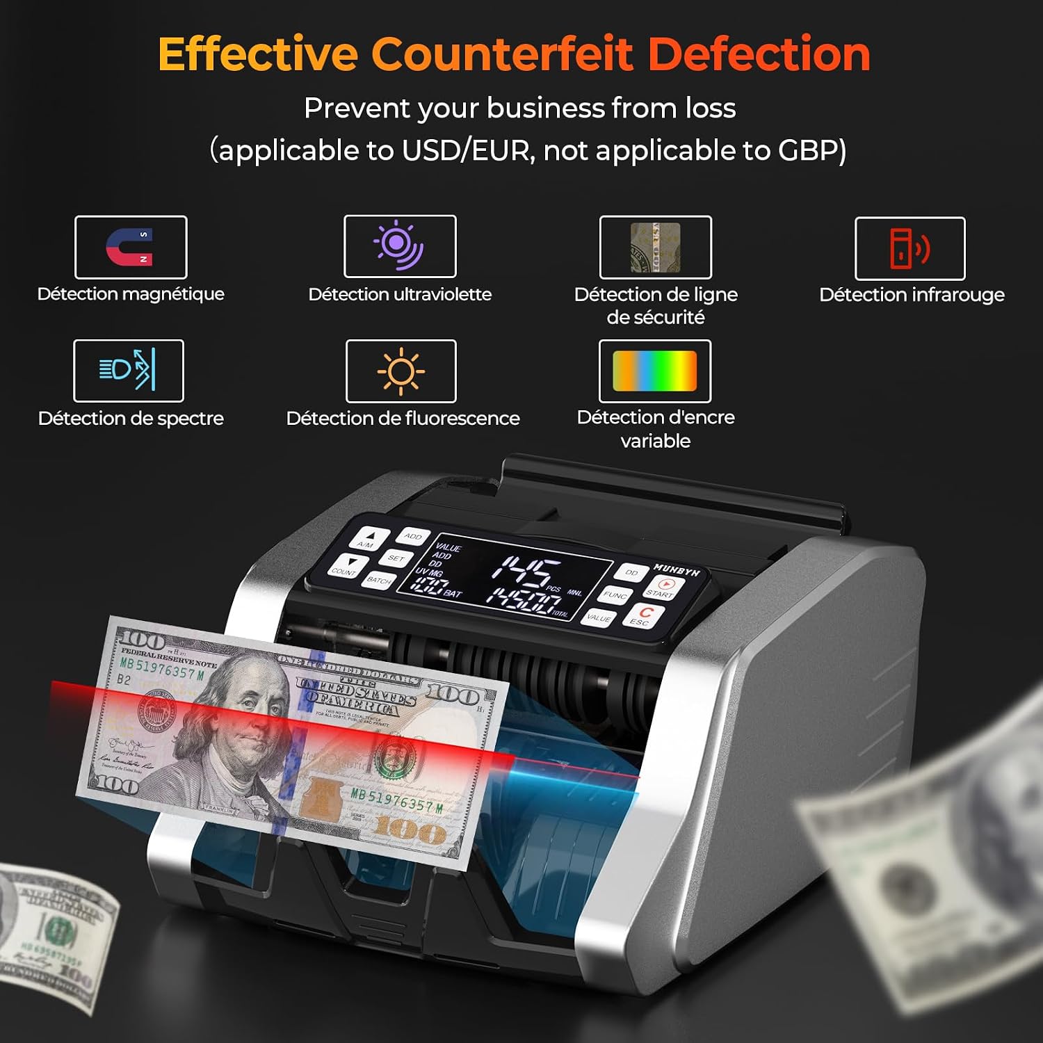 Thumbnail 5 de MUNBYN IMC20 Money Counter Machine UK with Value Count for GBP/EUR/USD